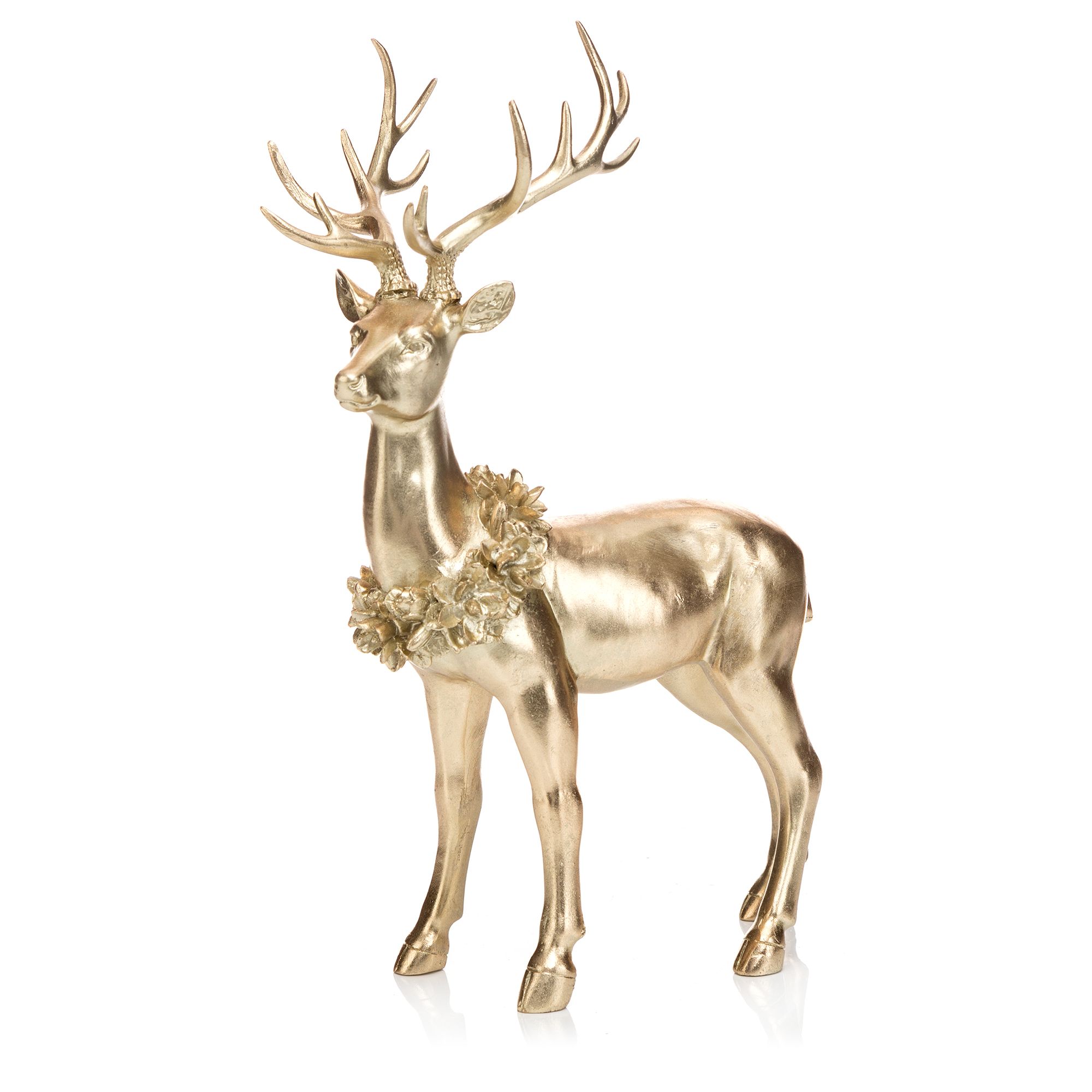 ABELLA Xmas Hirsch stehend mit Blütenkranz Polyresin B. 26cm, H. 39cm