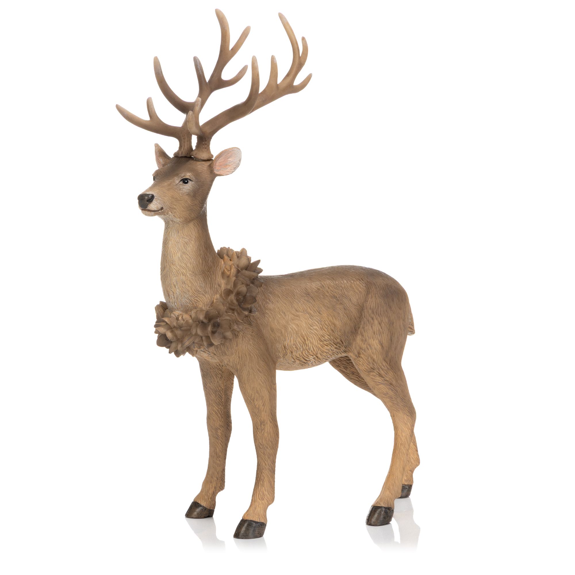 ABELLA Xmas Hirsch stehend mit Blütenkranz Polyresin B. 26cm, H. 39cm