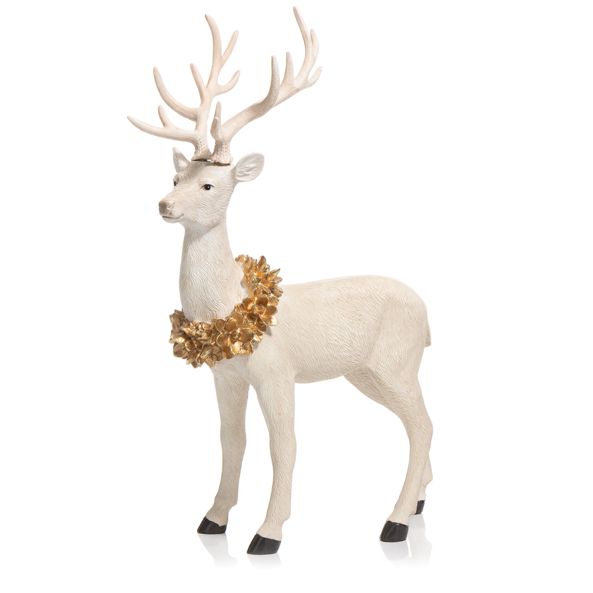 ABELLA Xmas Hirsch stehend mit Blütenkranz Polyresin B. 26cm, H. 39cm