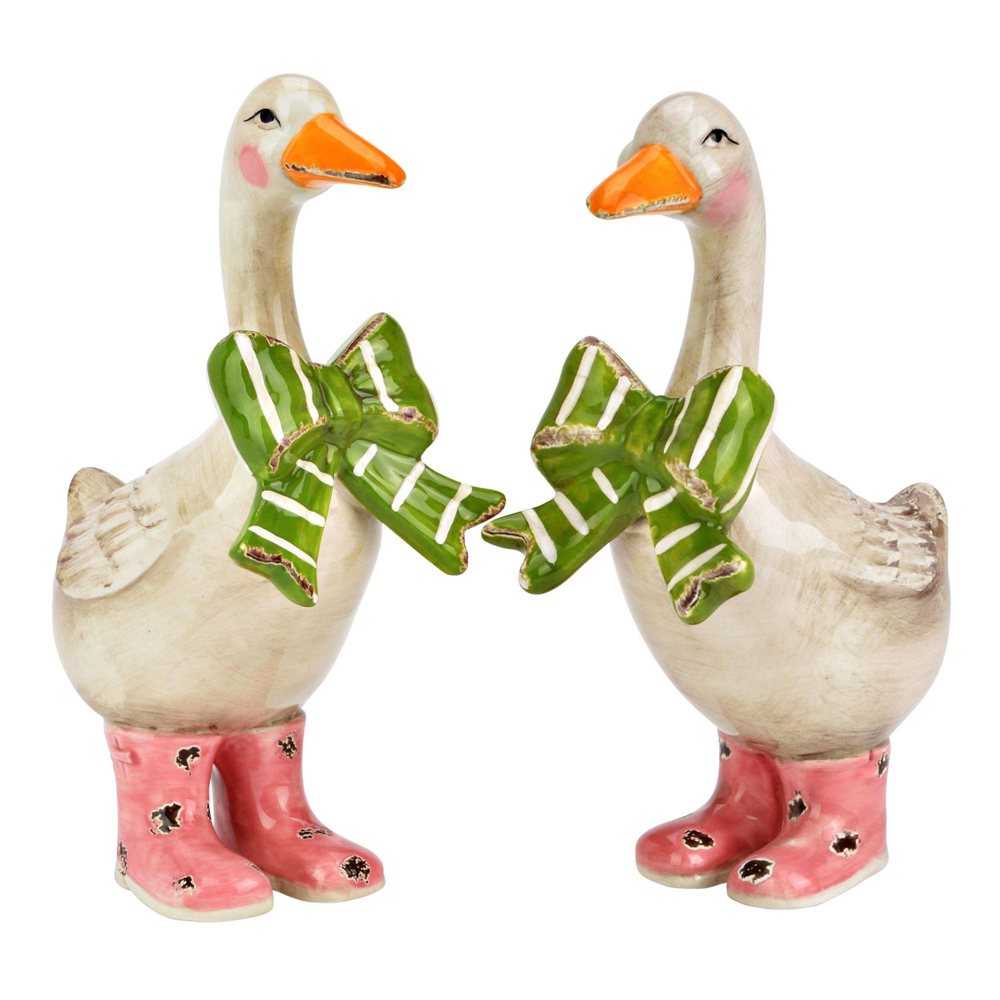 WURM 2 Dekofiguren Gans mit Schleife aus Keramik