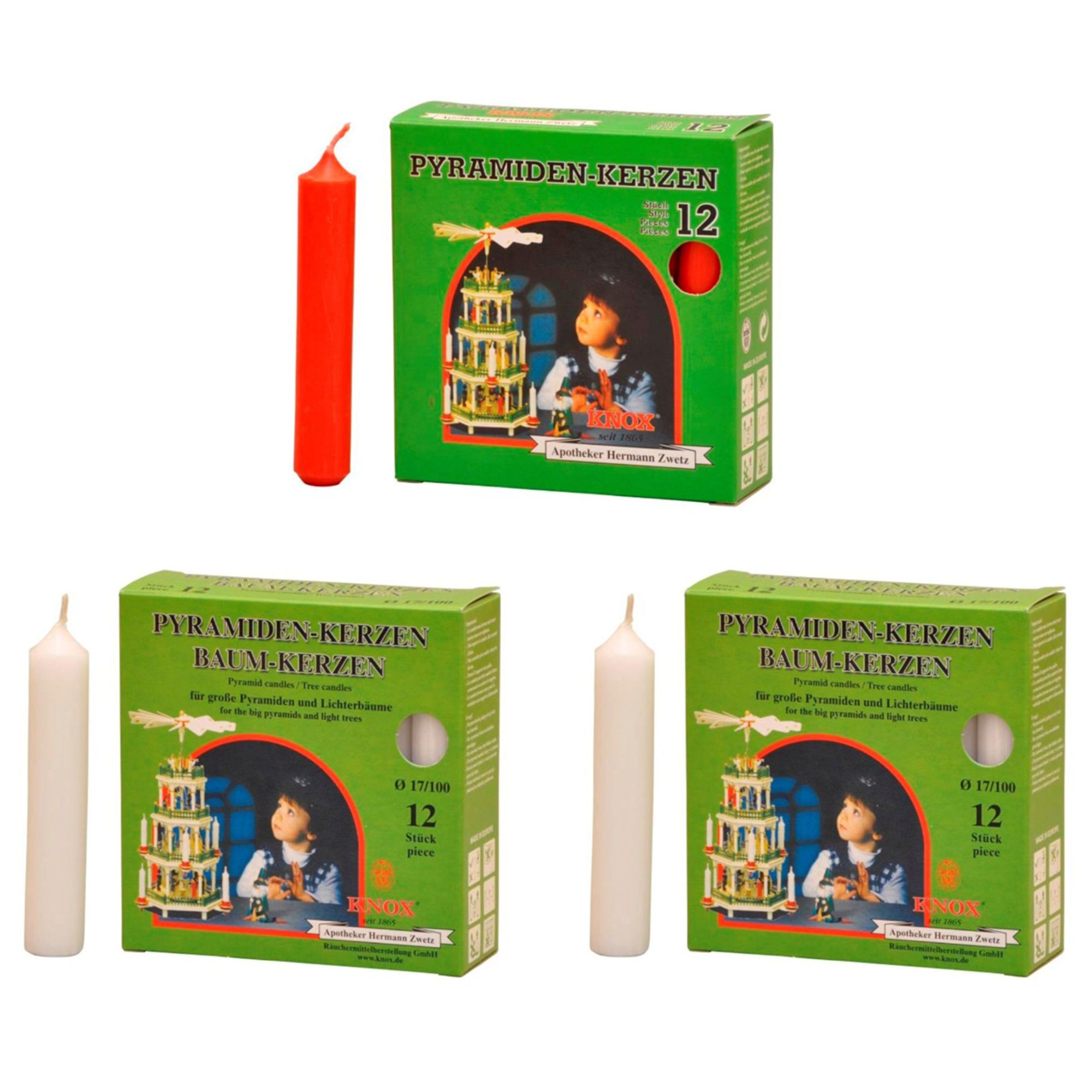 GLÄSSER SEIFFEN Pyramidenkerzen Rot & Weiß im Set Höhe 10cm, Ø 17mm 3 Packungen à 12 Stk.