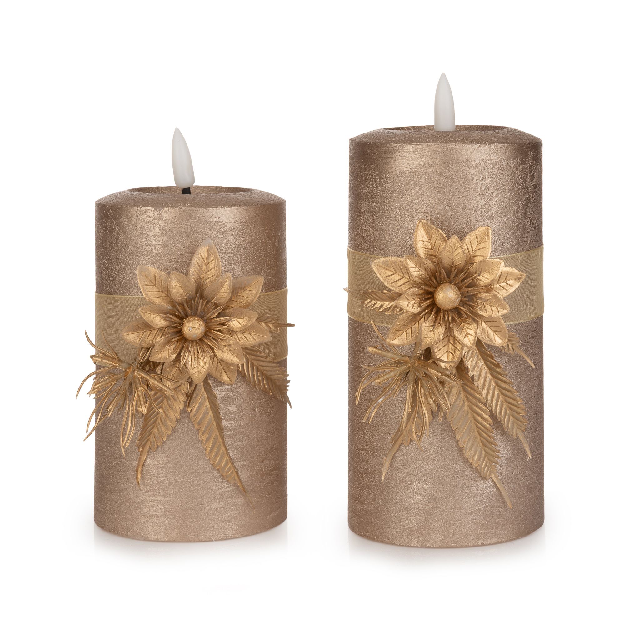 ELAMBIA 2 LED-Kerzen Metallic-Oberfläche mit Dekoelementen Höhe 15cm & 17,5cm