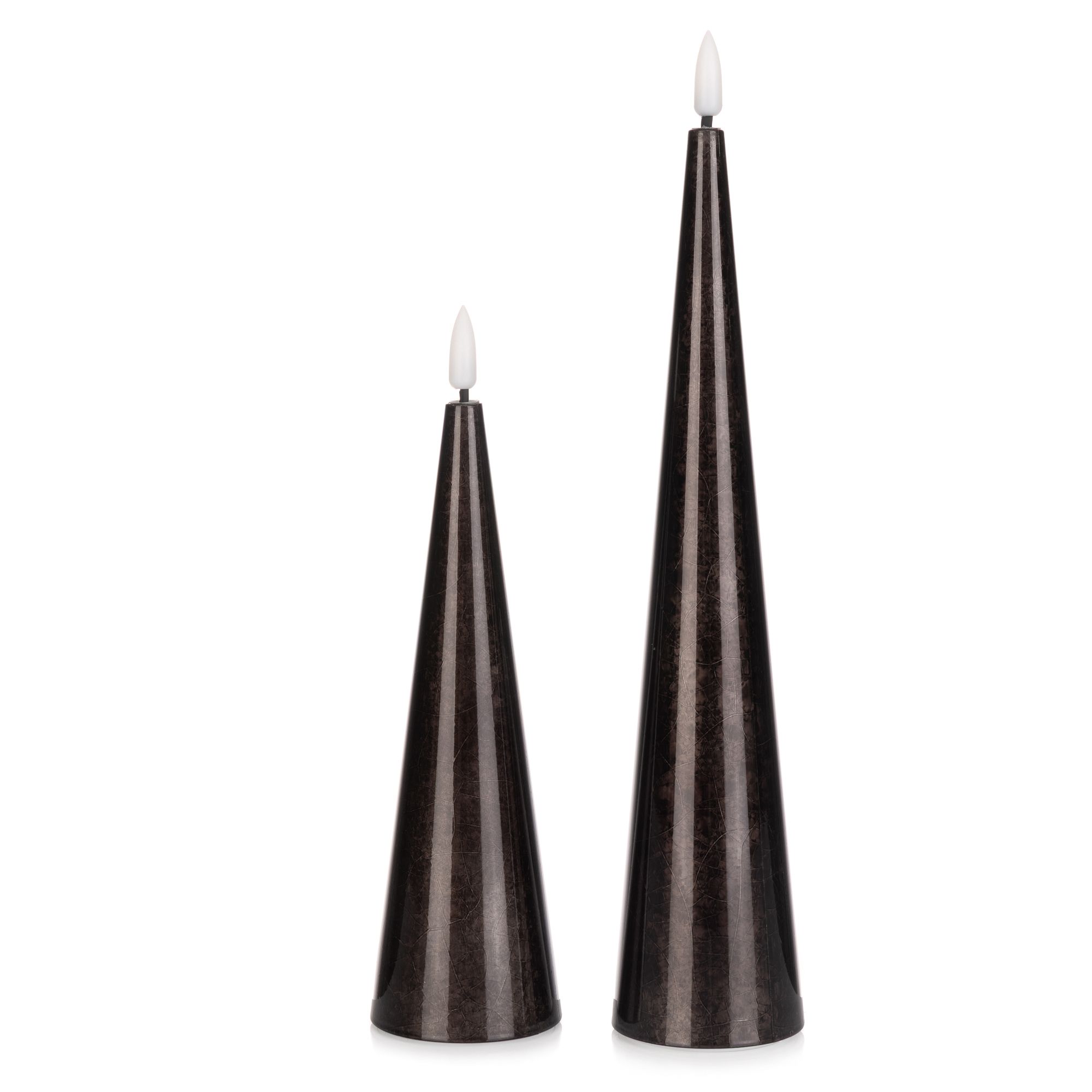 ELAMBIA 2 LED-Kerzen Kegelform metallic Flamme Luma, Timer Höhe 17,5cm & 25cm
