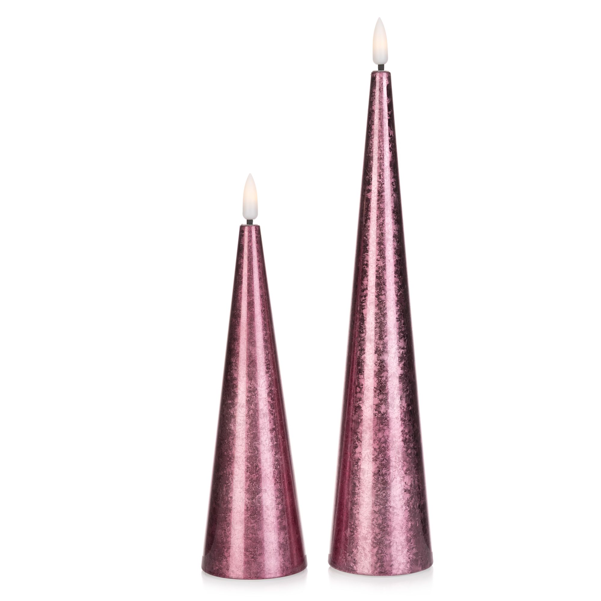 ELAMBIA 2 LED-Kerzen Kegelform metallic Flamme Luma, Timer Höhe 17,5cm & 25cm