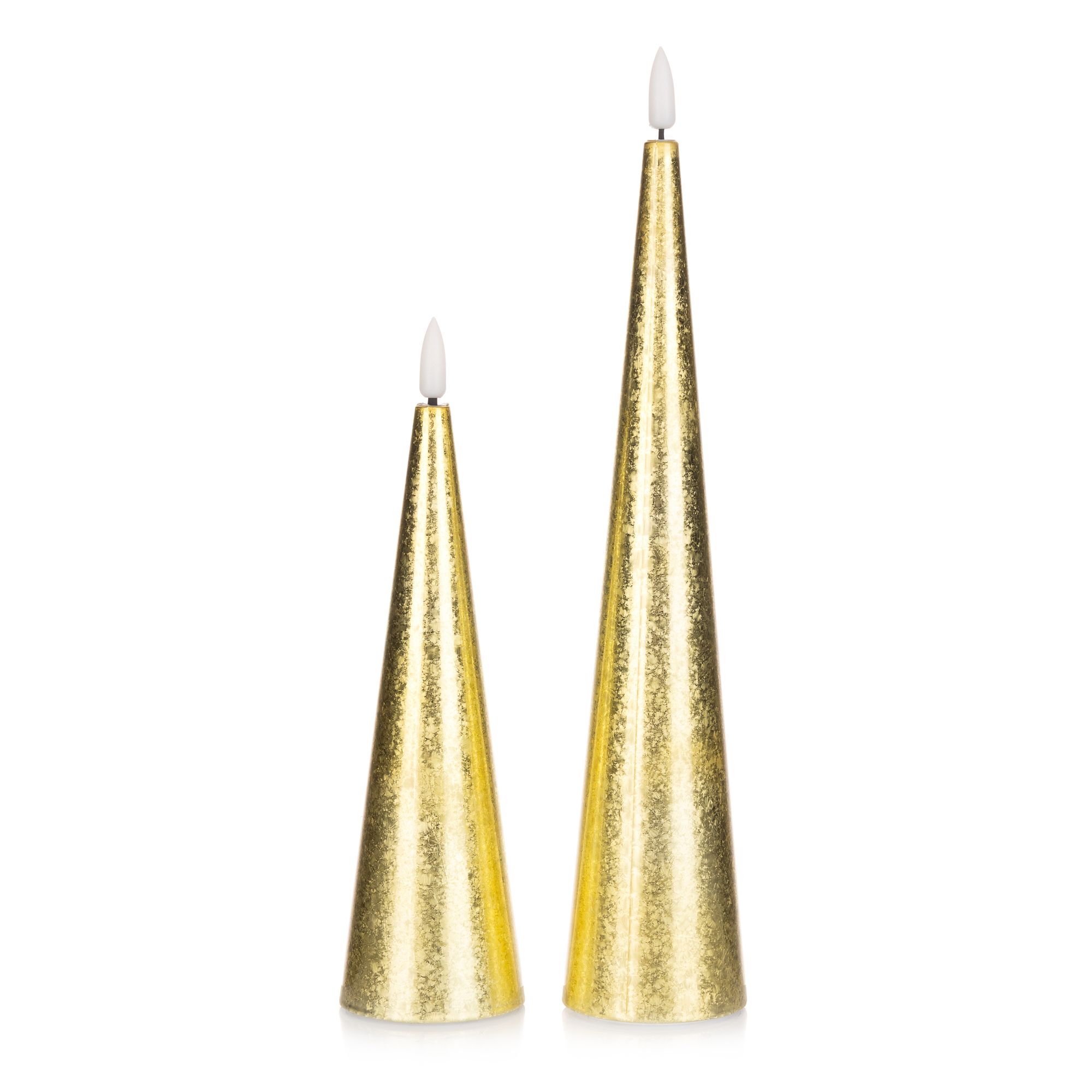 ELAMBIA 2 LED-Kerzen Kegelform metallic Flamme Luma, Timer Höhe 17,5cm & 25cm
