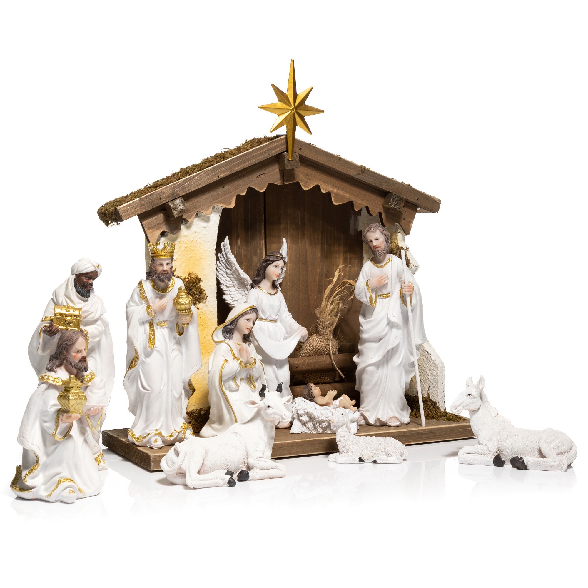 LUMIDA Xmas Weihnachts-Krippe Holz & Polyresin inkl. Beleuchtung 11tlg., 36x16x38cm