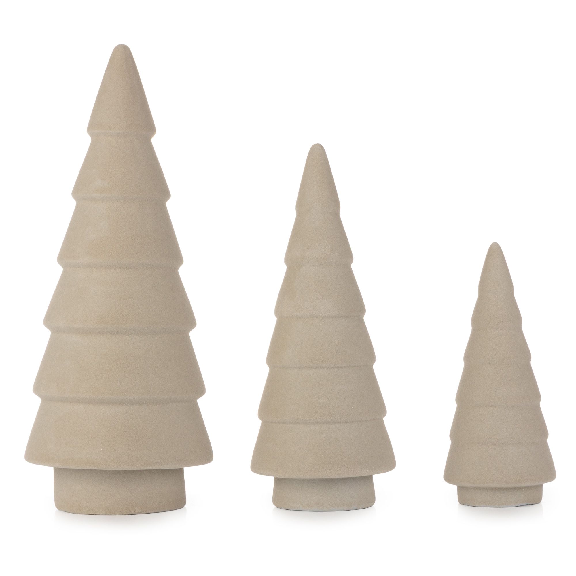 ABELLA Xmas 3 Deko-Bäume Samt-Beflockung Keramik H. 17, 23,5 & 30cm
