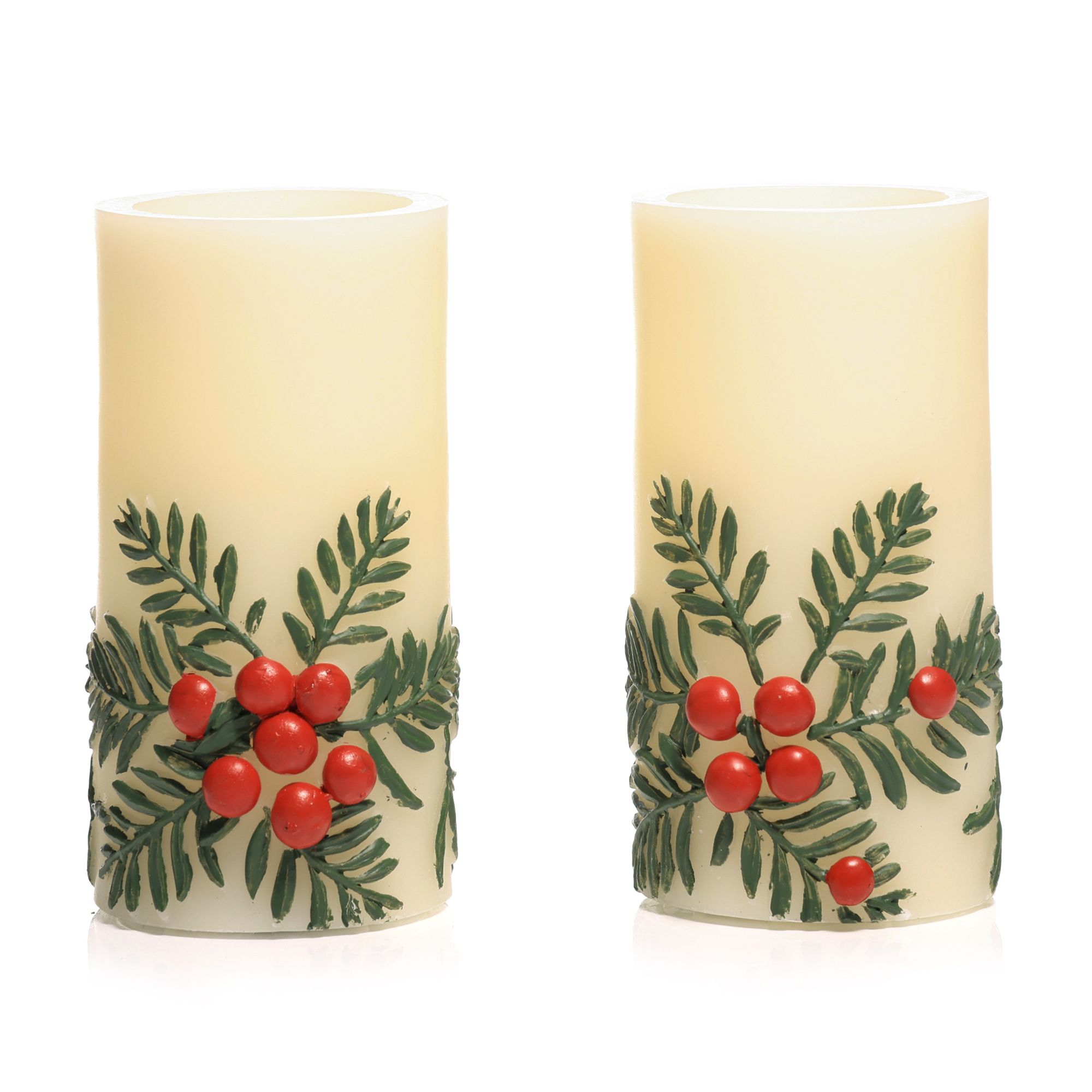 ELAMBIA 2 LED-Kerzen Ilex-Zweig Flamme Luma, Timer Ø 7,5cm, Höhe 15cm