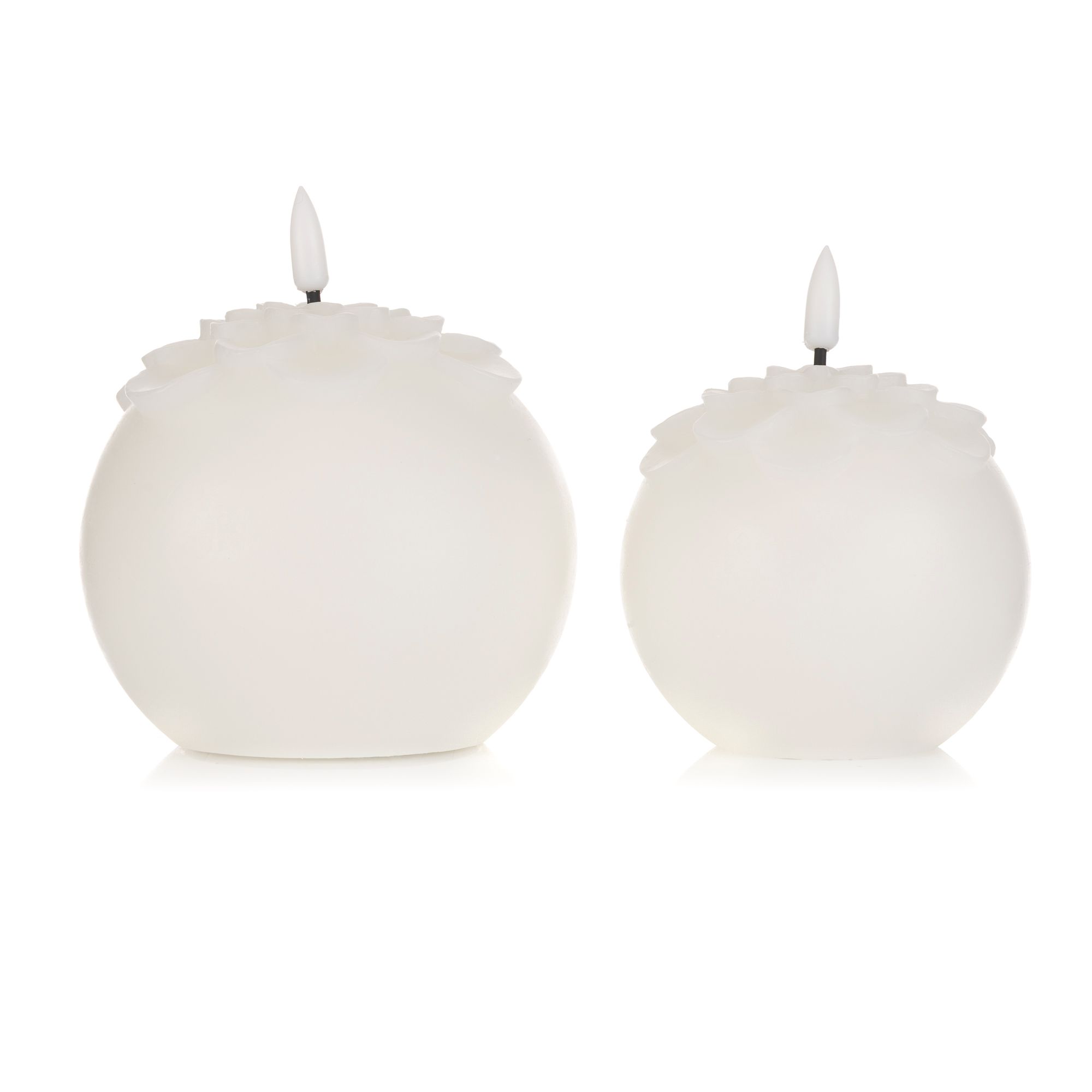 ELAMBIA 2 LED-Kugelkerzen Blüten-Ornament Flamme Luma, Timer Höhe 11cm & 13cm