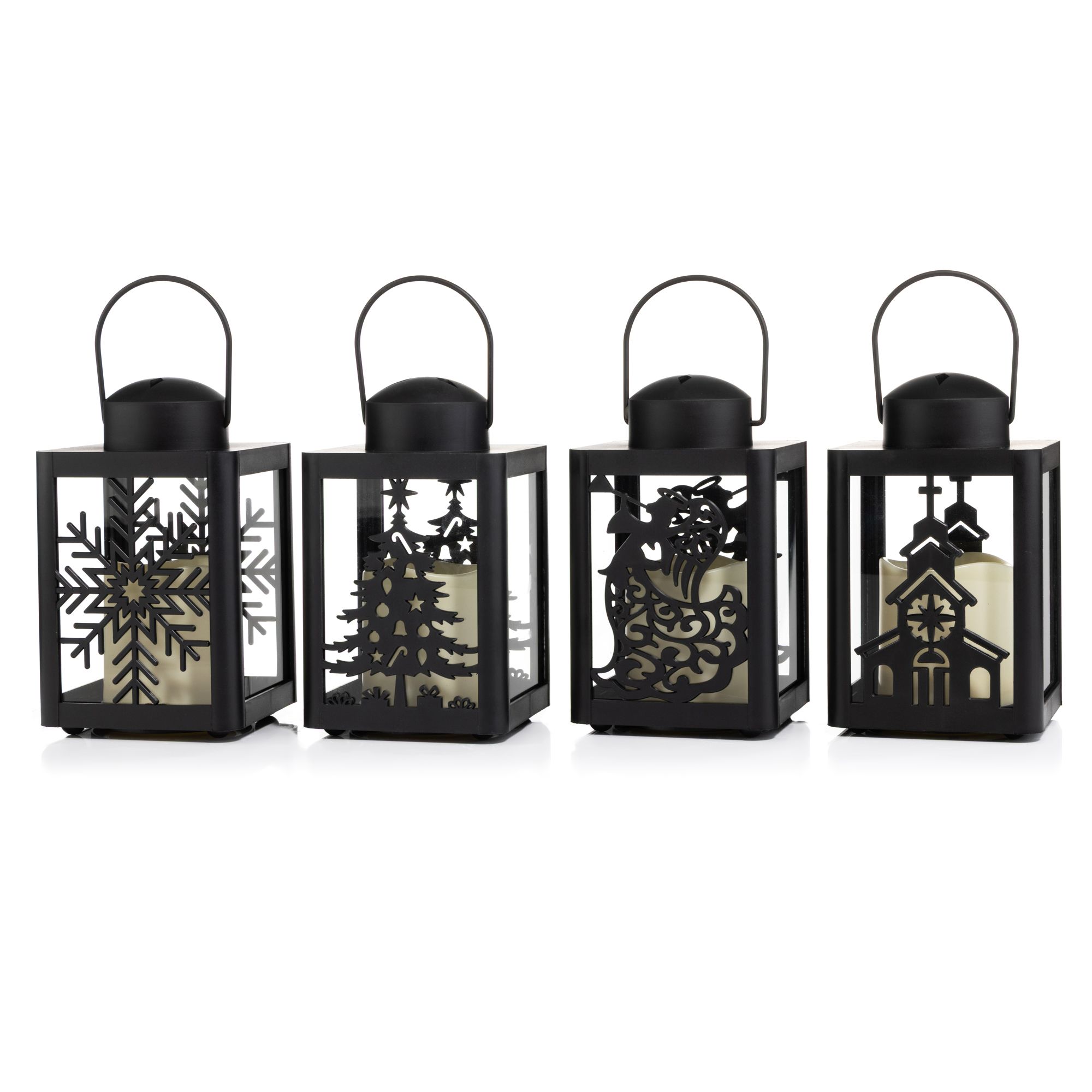 ELAMBIA outdoor 4 Mini-Laternen Winter-Designs Cut-Out Motive Höhe 17cm