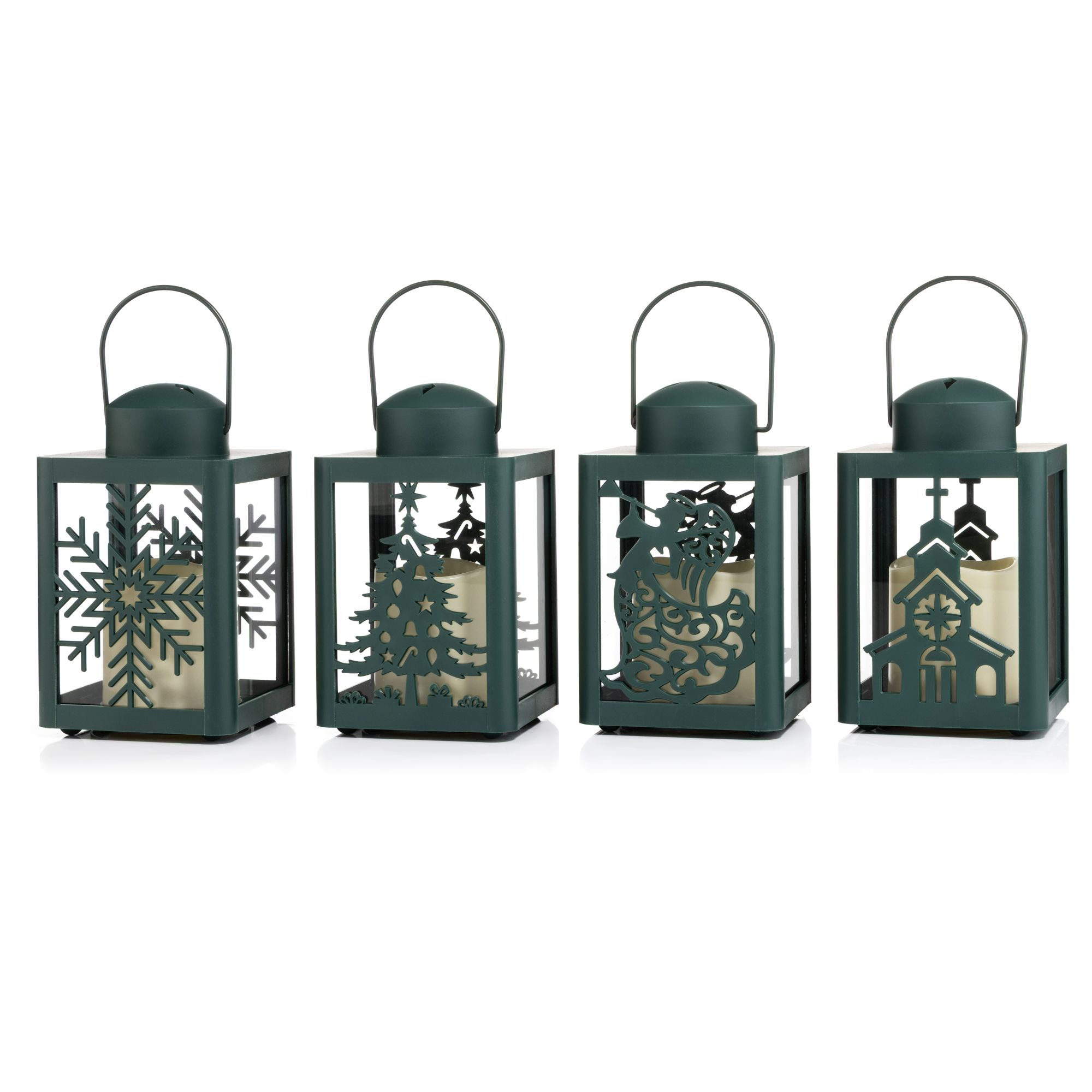 ELAMBIA outdoor 4 Mini-Laternen Winter-Designs Cut-Out Motive Höhe 17cm