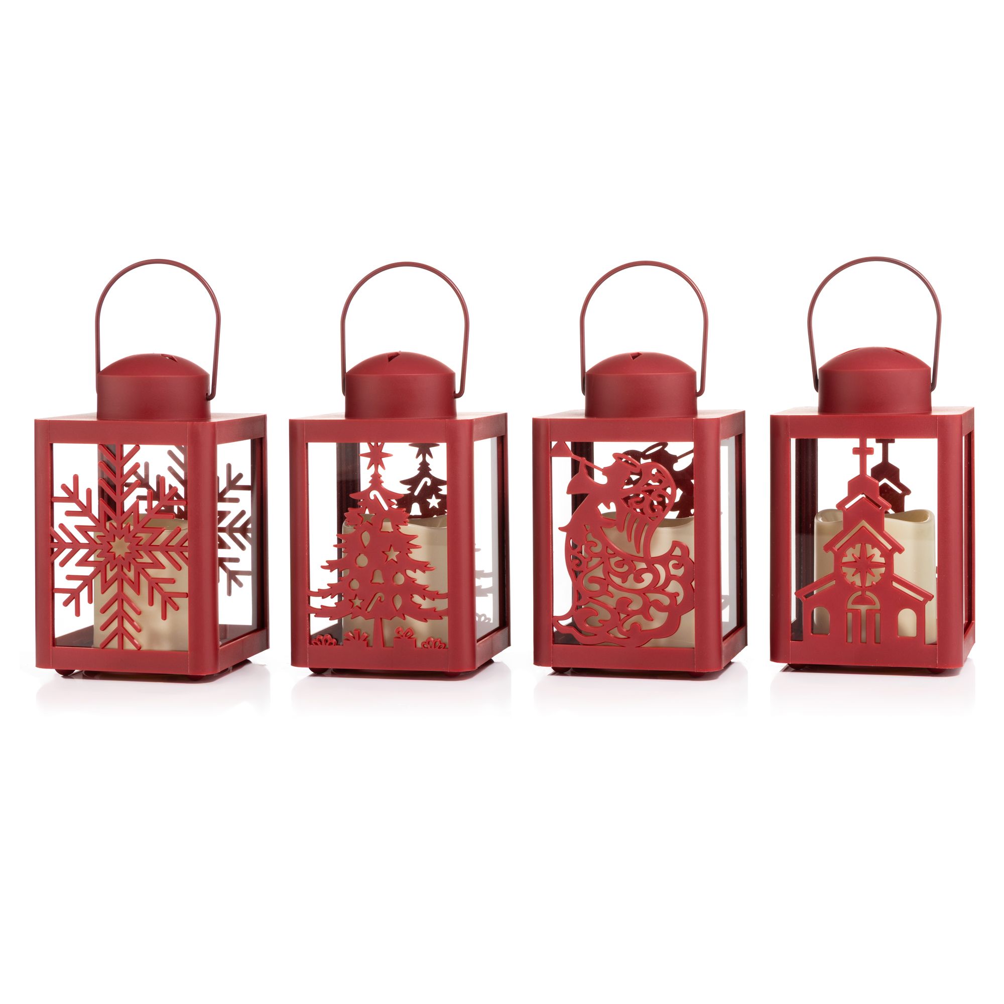 ELAMBIA outdoor 4 Mini-Laternen Winter-Designs Cut-Out Motive Höhe 17cm