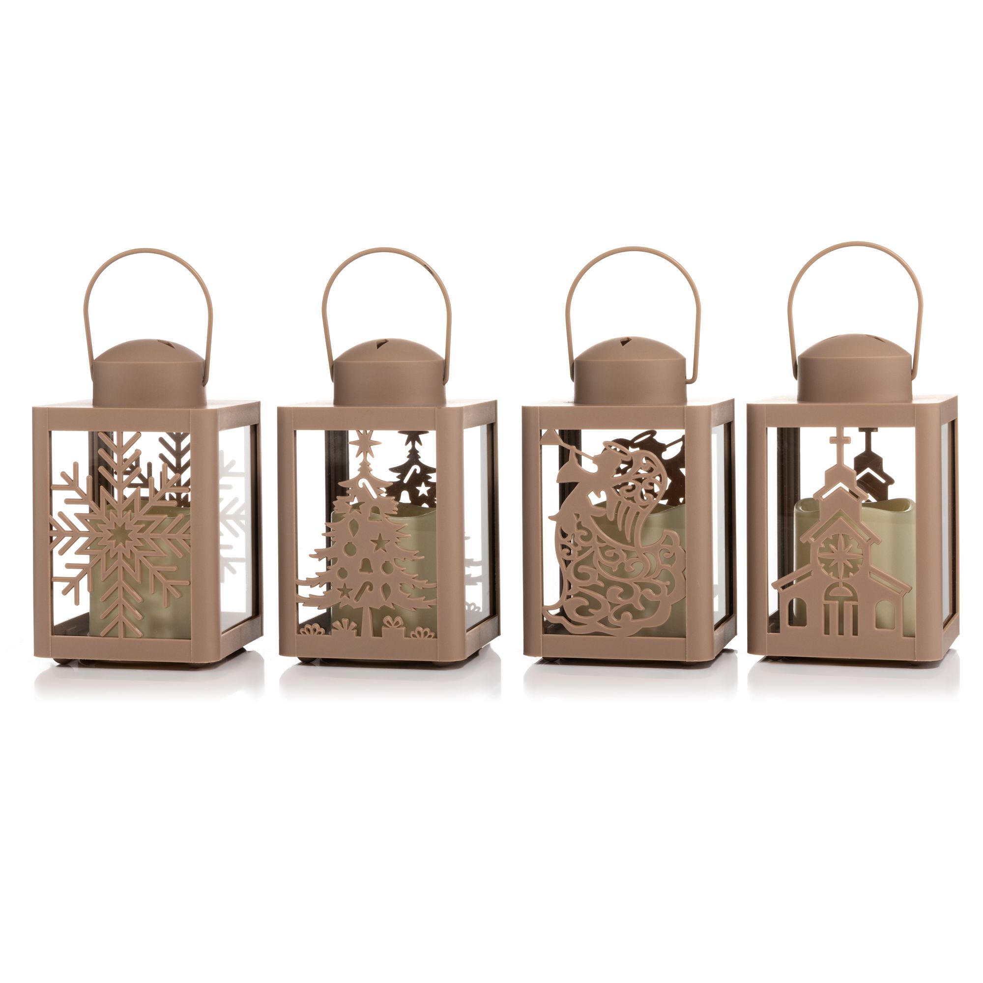 ELAMBIA outdoor 4 Mini-Laternen Winter-Designs Cut-Out Motive Höhe 17cm