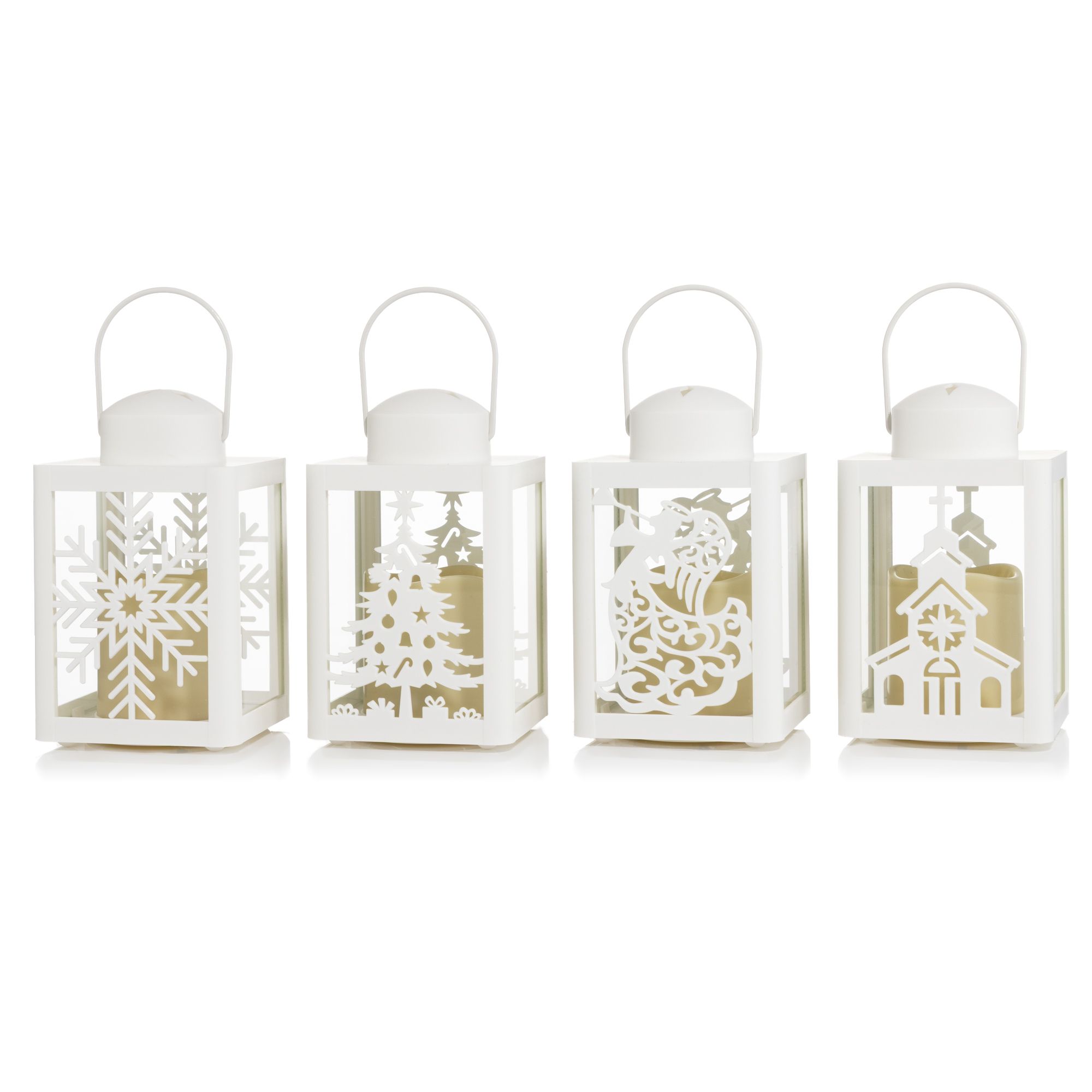 ELAMBIA outdoor 4 Mini-Laternen Winter-Designs Cut-Out Motive Höhe 17cm
