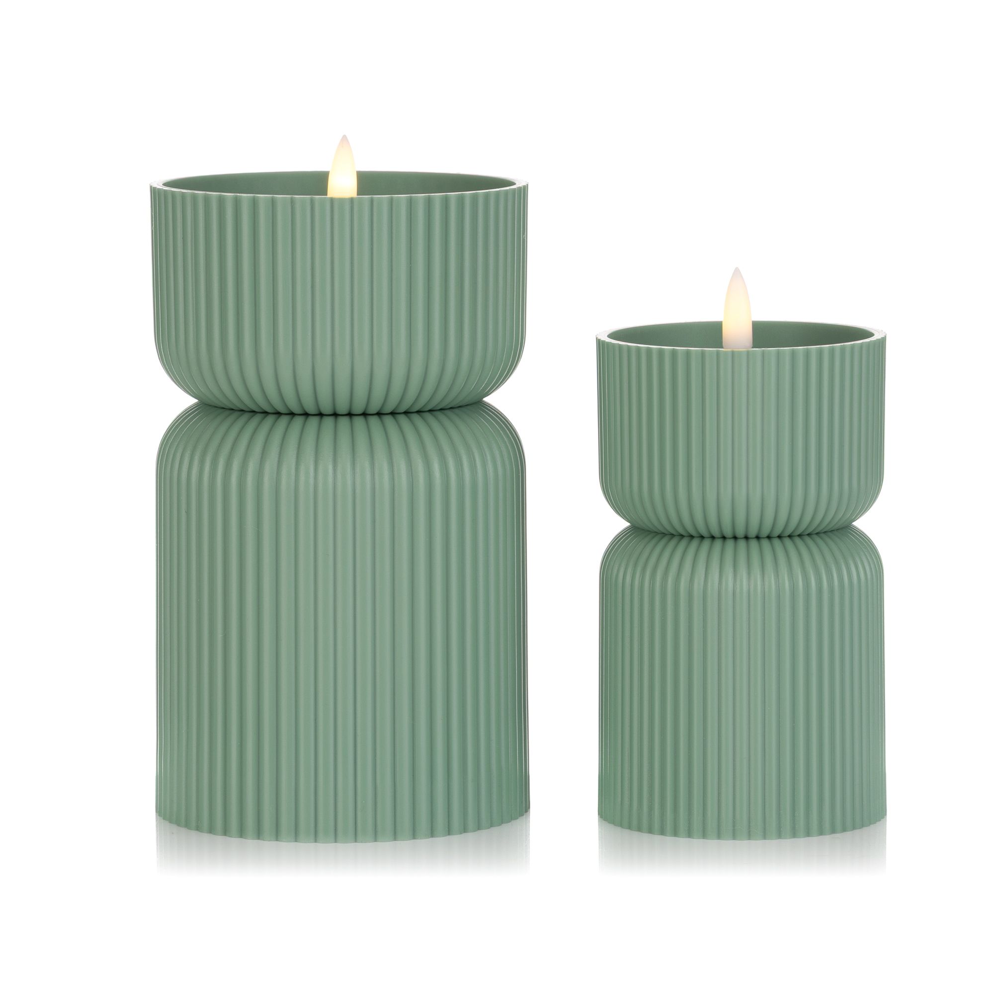 ELAMBIA outdoor 2 LED-Designkerzen Wachsspiegel-Optik Flamme Luma, Timer Höhe 15cm & 19cm