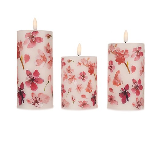 ELAMBIA 3 LED-Kerzen Kirschblüten-Motiv Flamme Luma Höhe 10,12,5 & 15cm