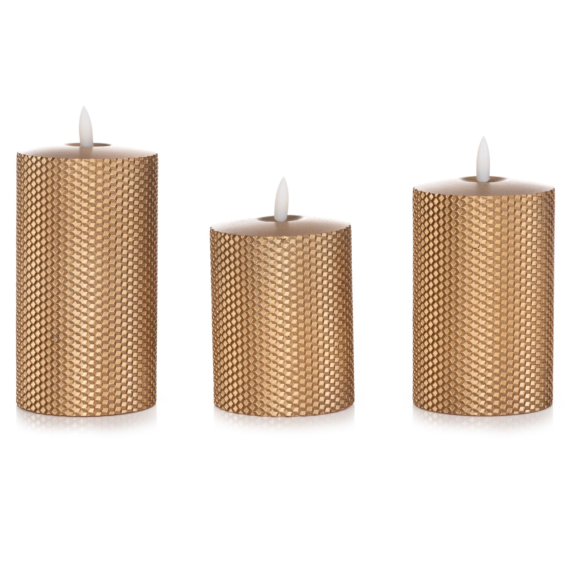 ELAMBIA 3 LED-Kerzen Metallic-Wabendesign Dual-Timer, Luma H. 12,5, 15 & 17,5cm