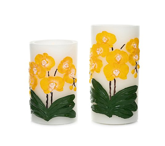 ELAMBIA 2 LED-Kerzen Orchideen-Relief Flamme Luma Timer, H. 12,5 & 15cm