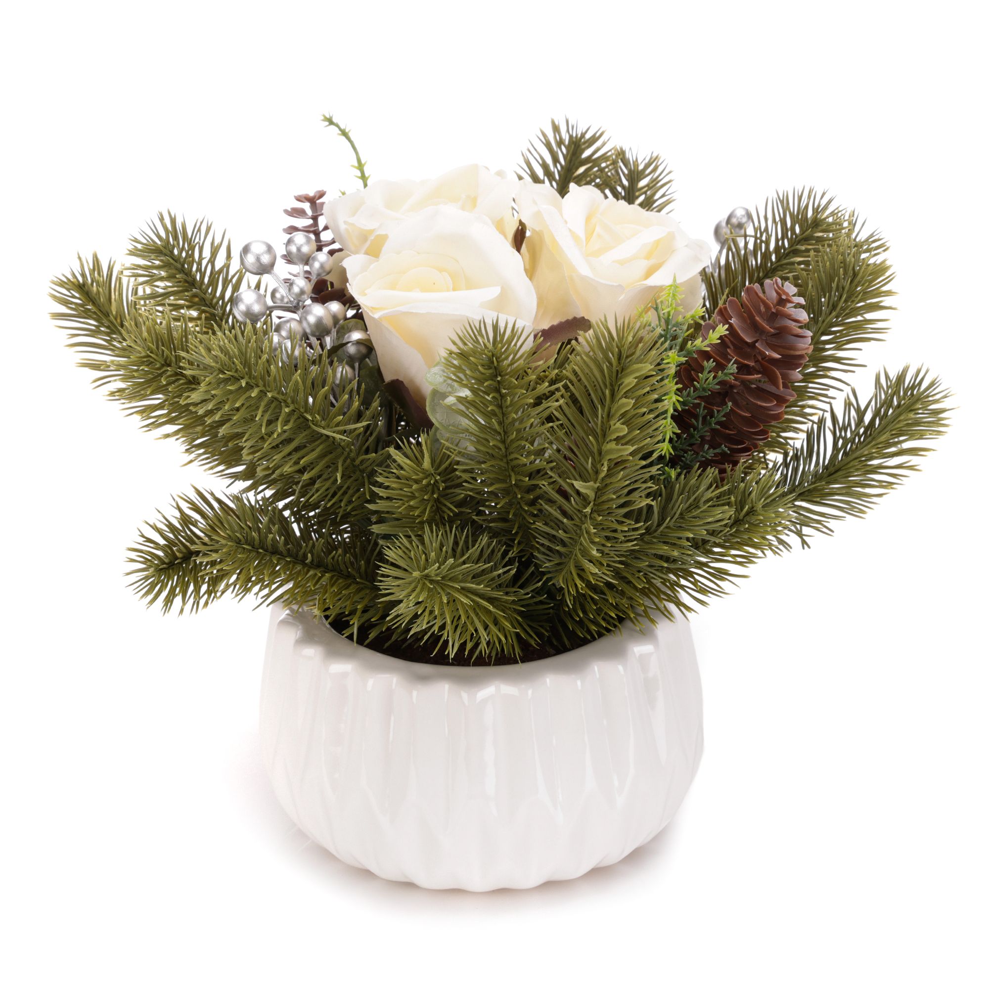 ABELLA Flora künstl. Arrangement Tanne & Rosen outdoorgeeignet Höhe 18cm, Ø 28cm