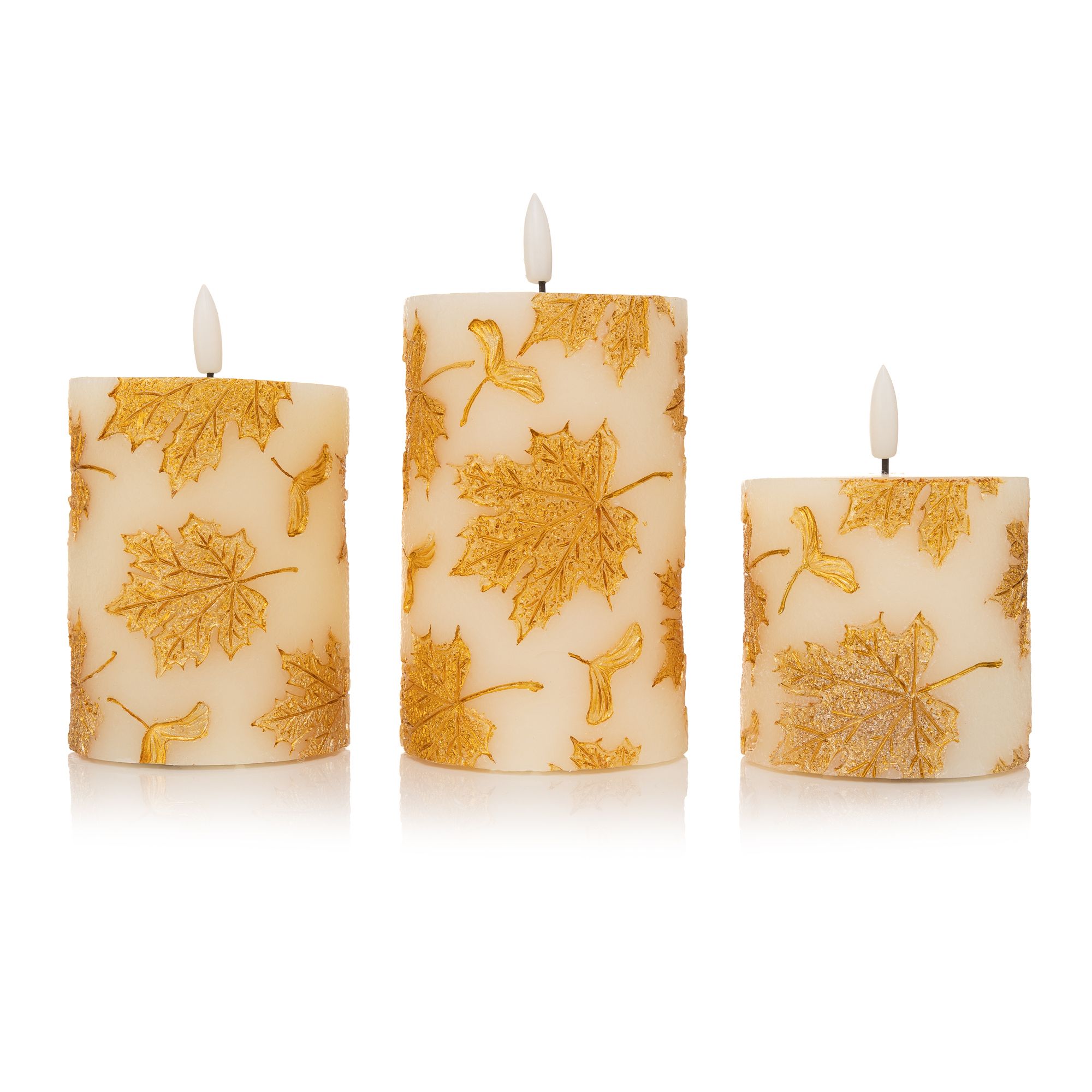 ELAMBIA 3 LED-Kerzen goldene Blätter Flamme Luma Höhe 10, 12,5 & 15cm