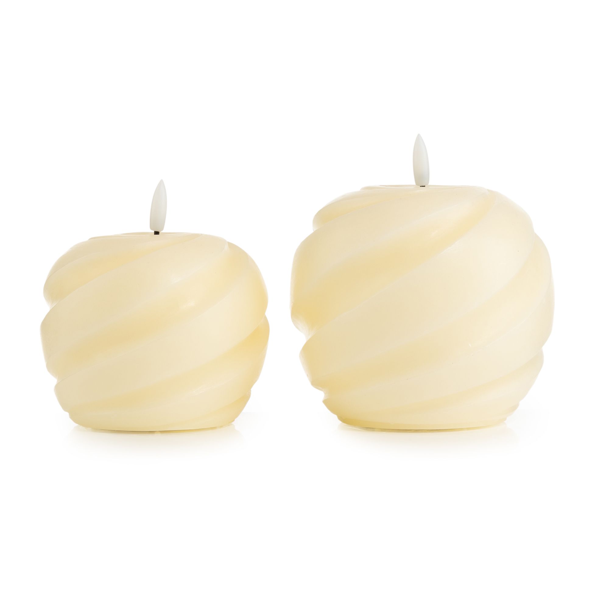 ELAMBIA 2 LED-Kugelkerzen Relief-Spirale Flamme Luma, Timer Ø 11cm & 13cm