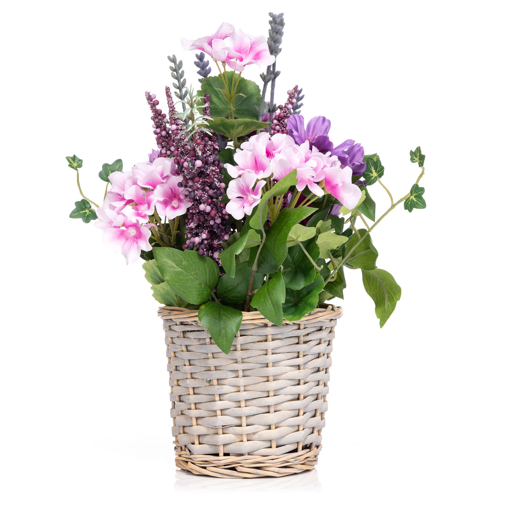 ABELLA Flora künstl. Arrangement lila Sommerblüher Dekotopf Korb-Optik Höhe 35cm