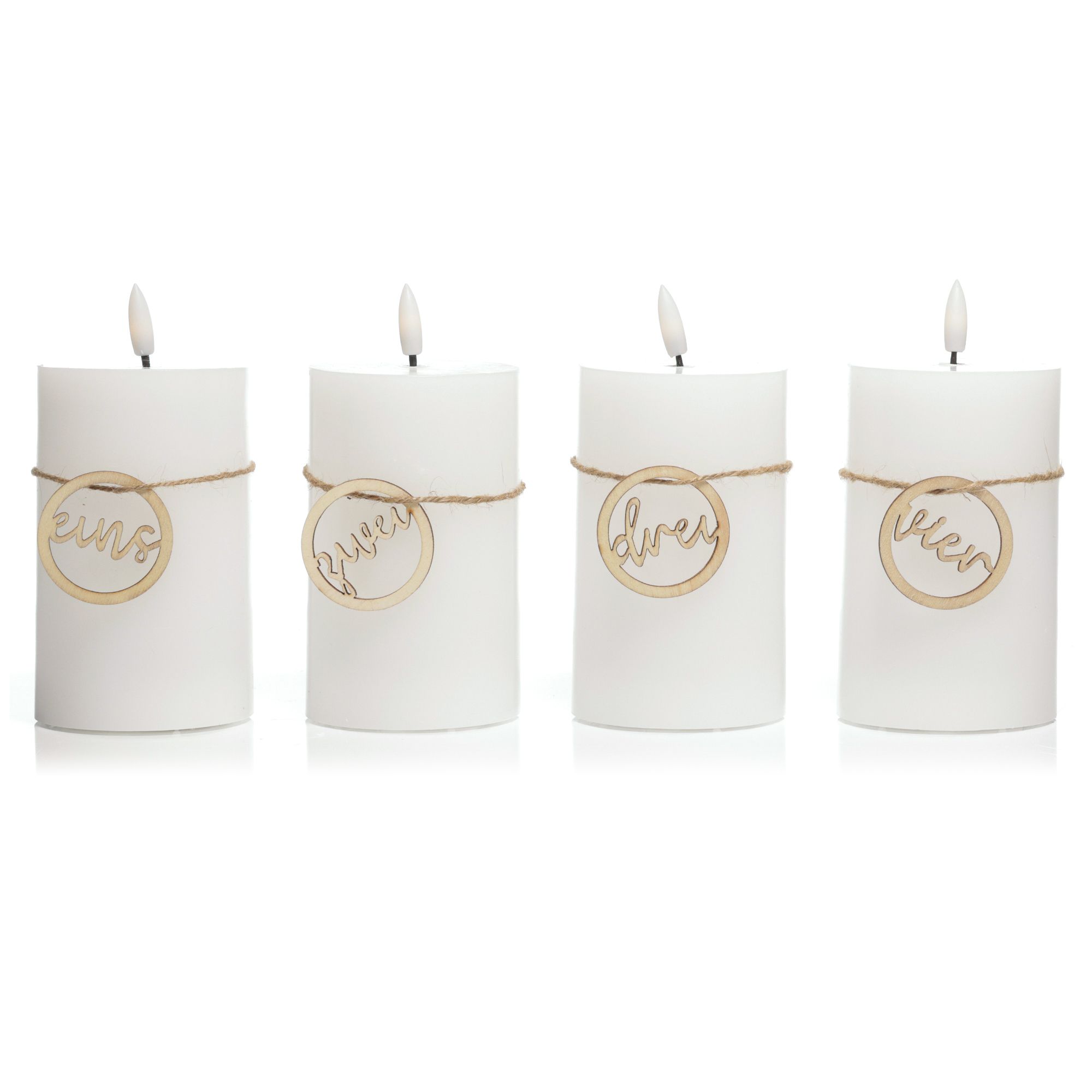 ELAMBIA 4 LED-Adventskerzen Ziffer-Anhänger Timer, Flamme Luma Ø 7,5cm, Höhe 15cm