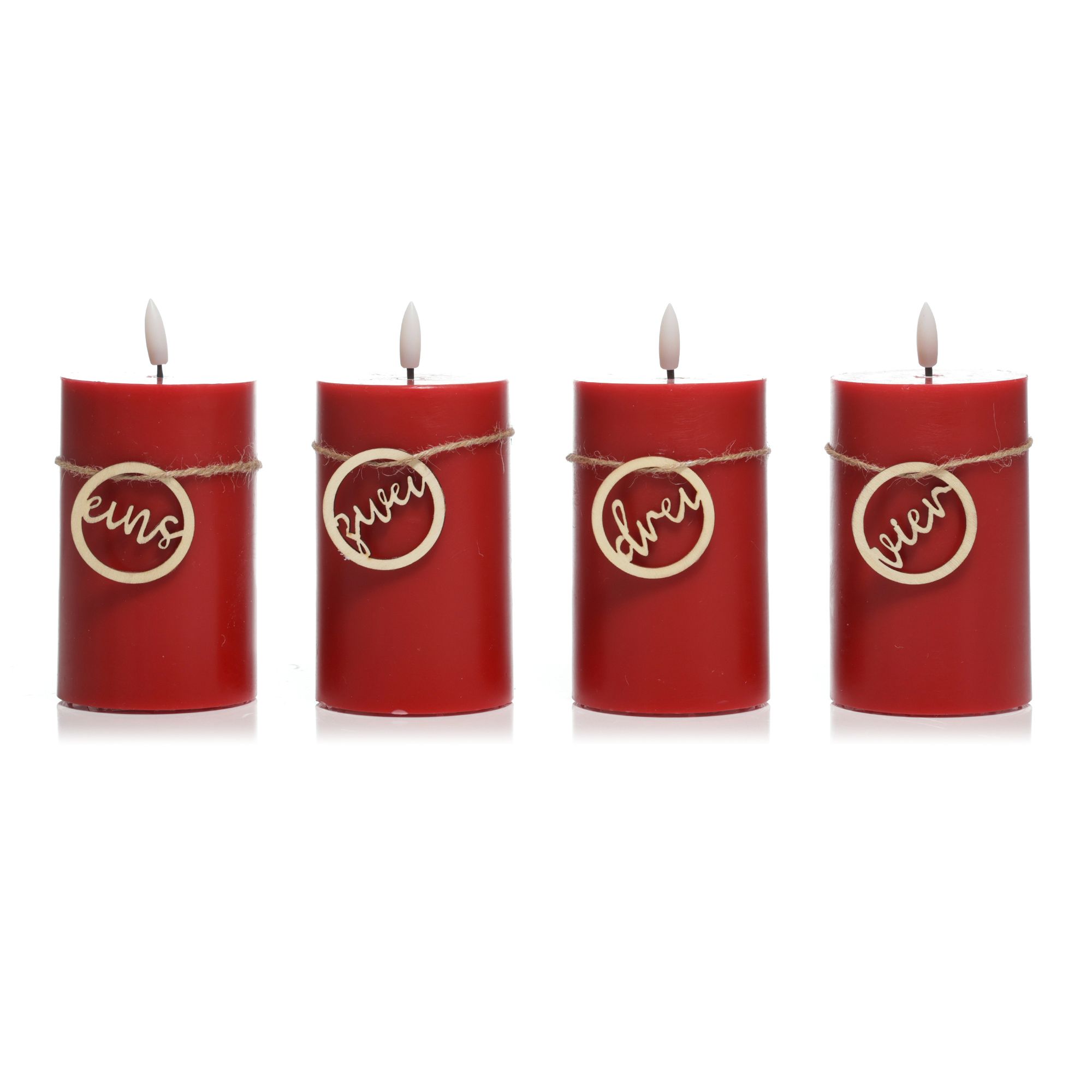 ELAMBIA 4 LED-Adventskerzen Ziffer-Anhänger Timer, Flamme Luma Ø 7,5cm, Höhe 15cm