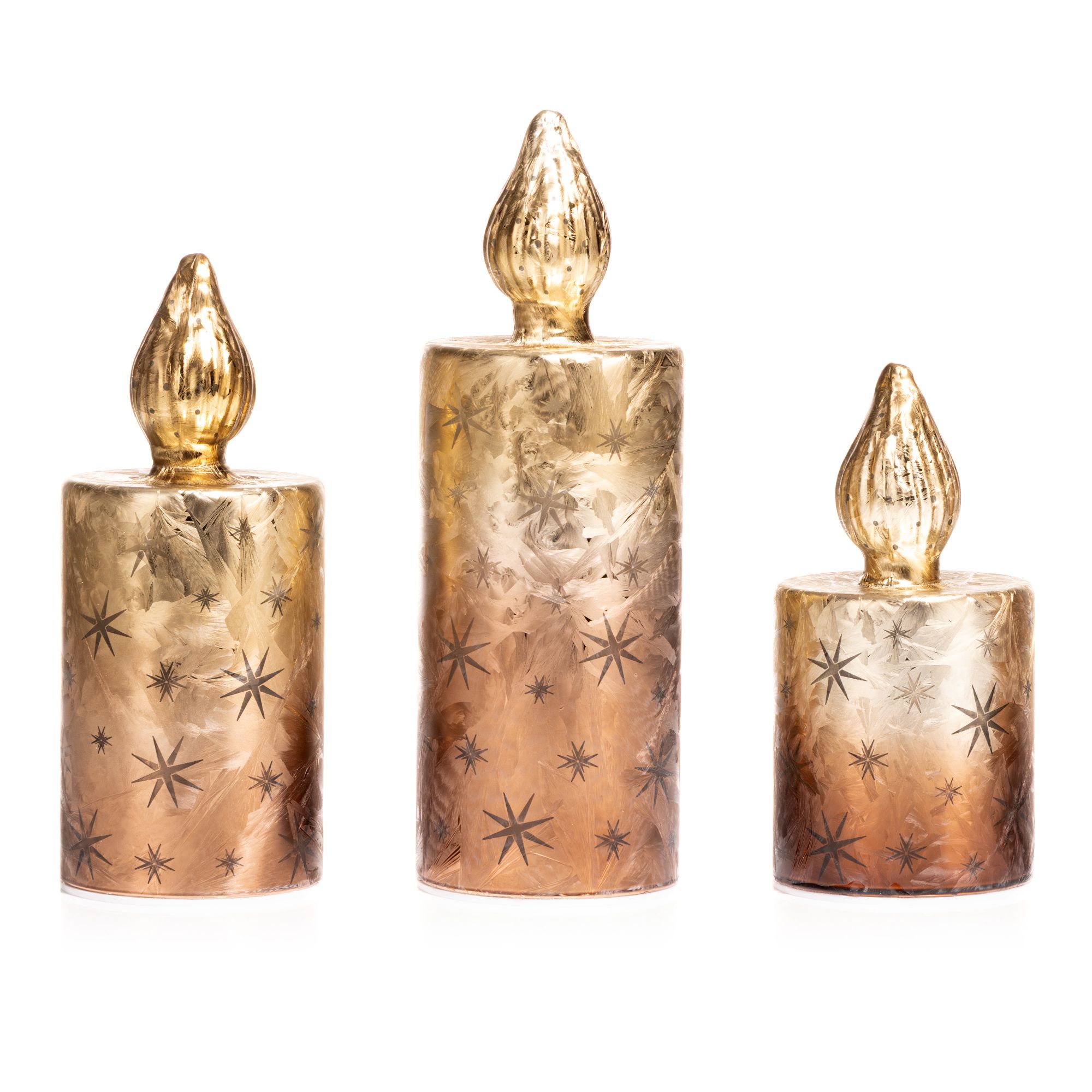 LUMIDA Xmas 3 LED-Glaskerze Stern-Cutouts Eislack-Optik, Timer H. 15cm, 18cm & 22cm
