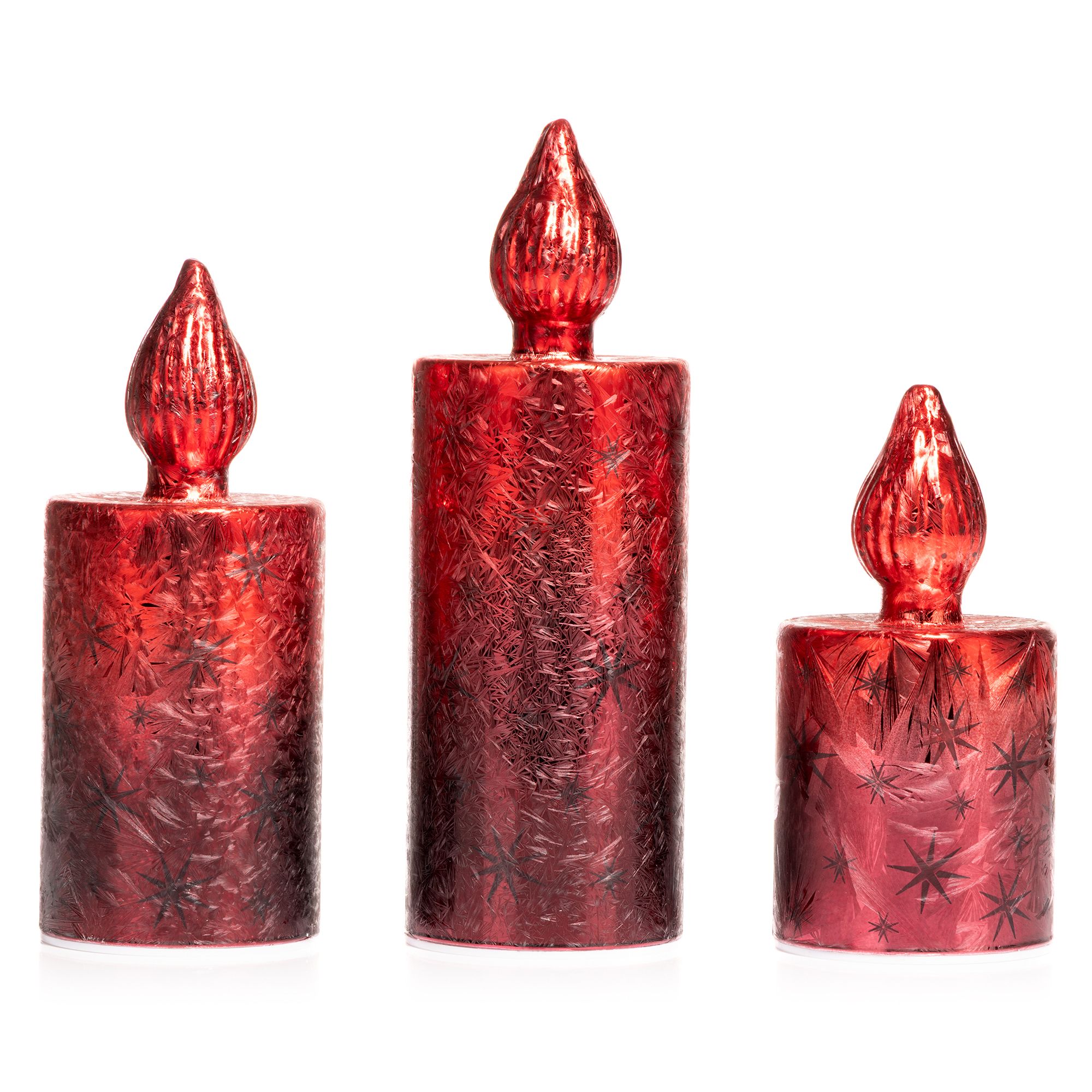 LUMIDA Xmas 3 LED-Glaskerze Stern-Cutouts Eislack-Optik, Timer H. 15cm, 18cm & 22cm