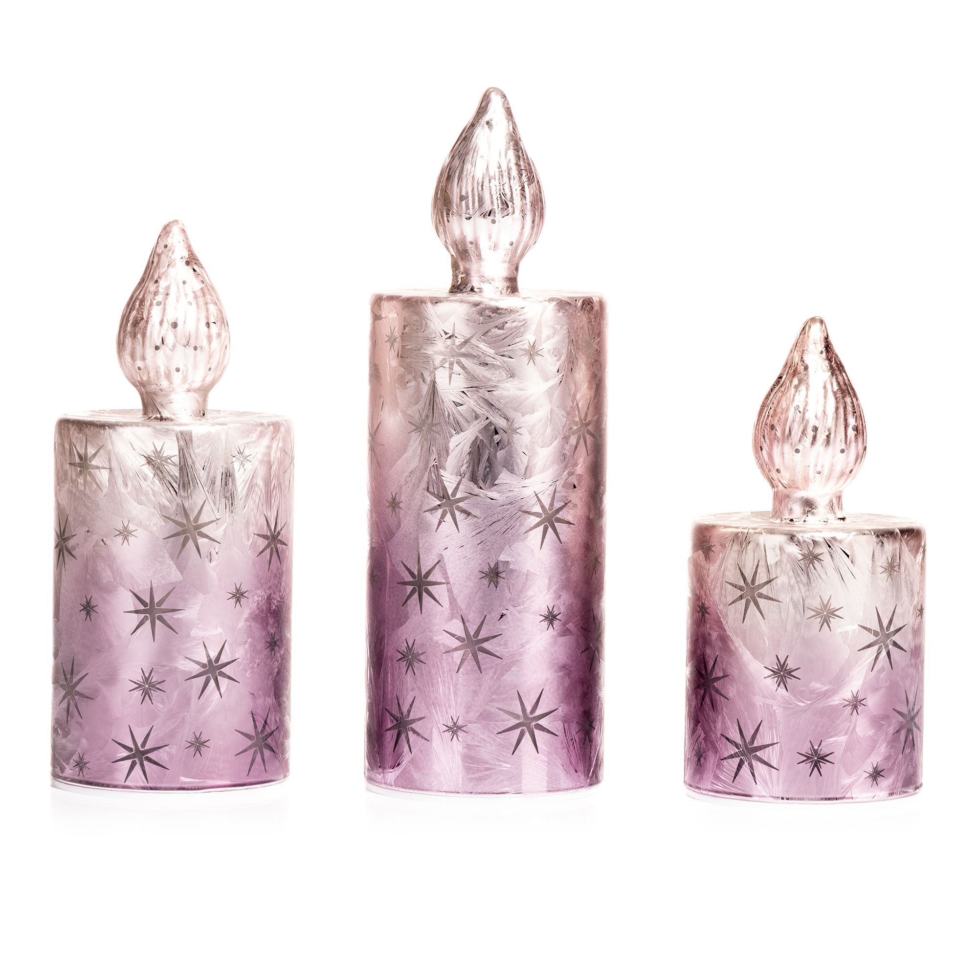 LUMIDA Xmas 3 LED-Glaskerze Stern-Cutouts Eislack-Optik, Timer H. 15cm, 18cm & 22cm