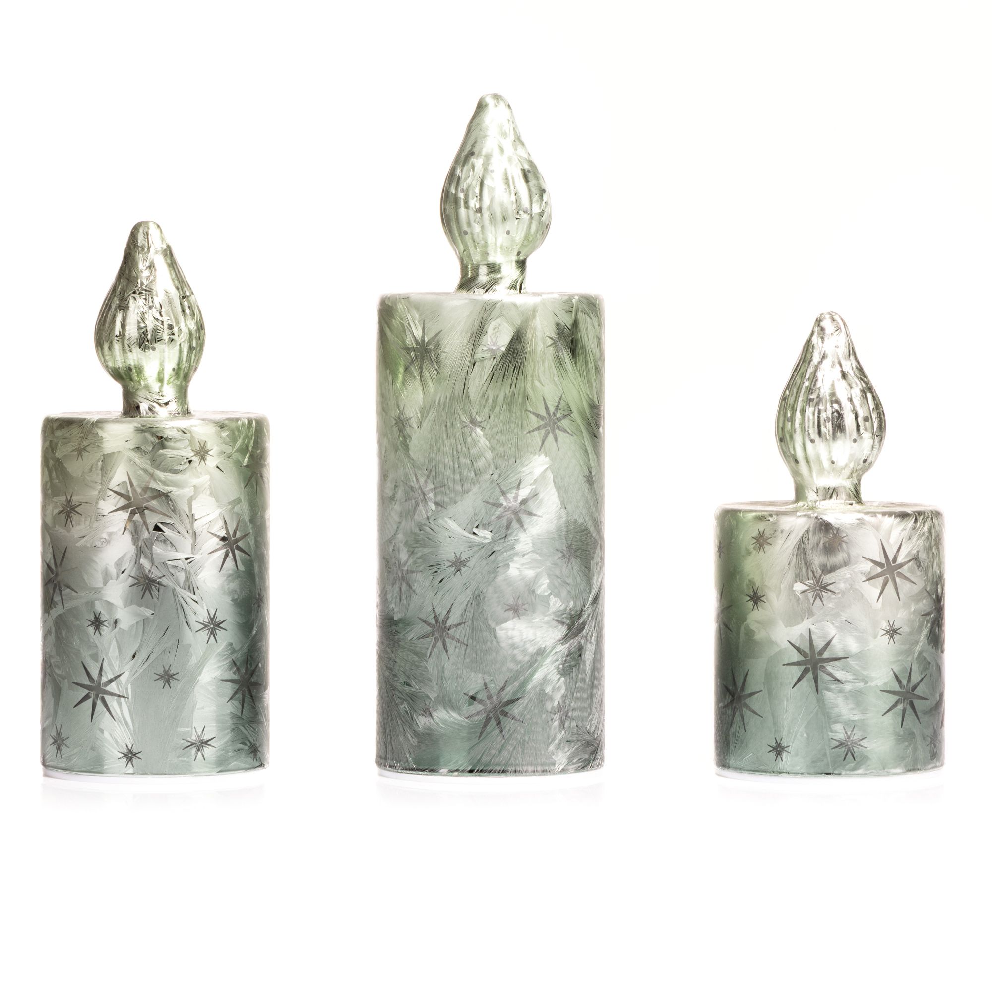 LUMIDA Xmas 3 LED-Glaskerze Stern-Cutouts Eislack-Optik, Timer H. 15cm, 18cm & 22cm