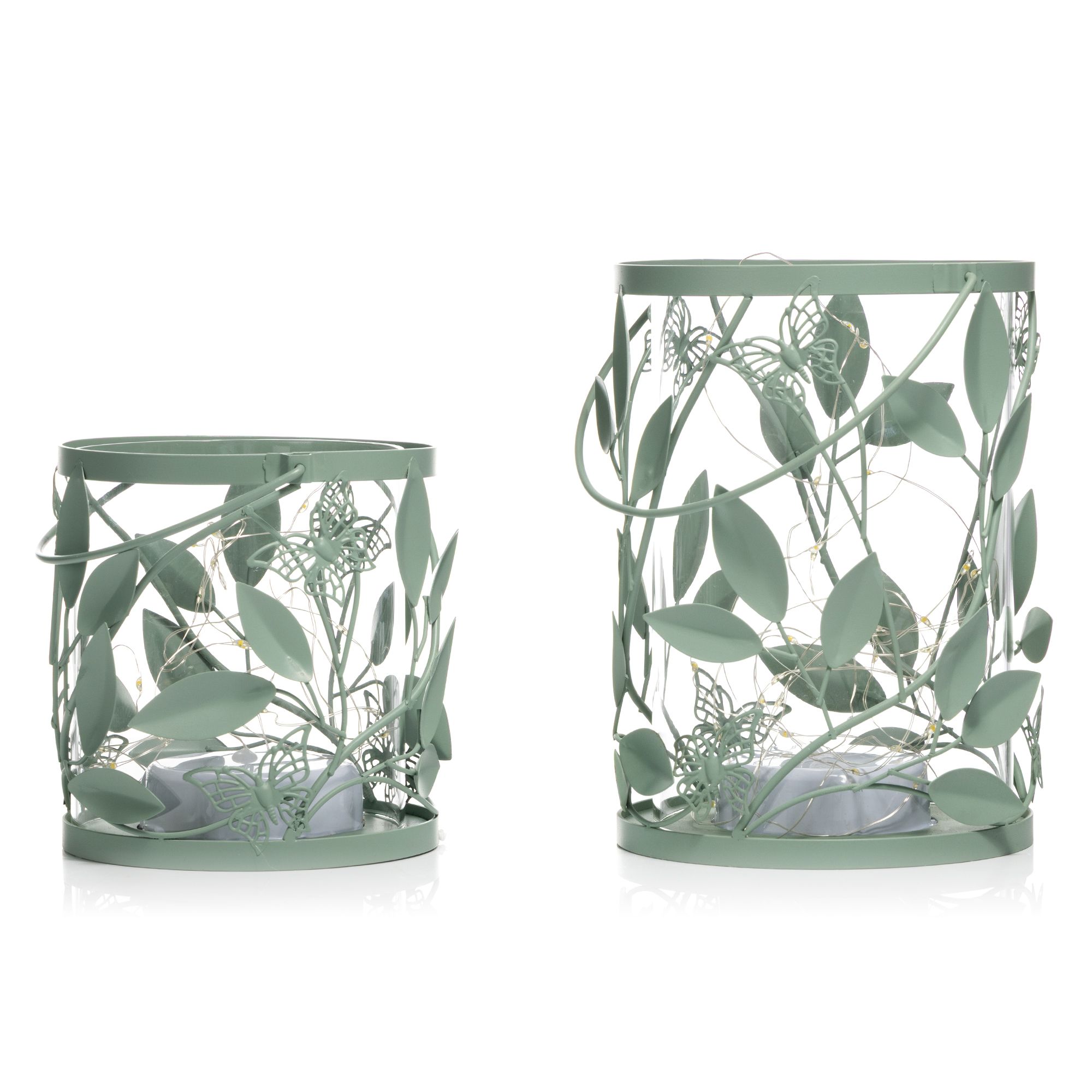 LUMIDA Casa 2 LED-Laternen Blätter-Design mit Glas-Zylinder Timer, Höhe 14 & 21cm