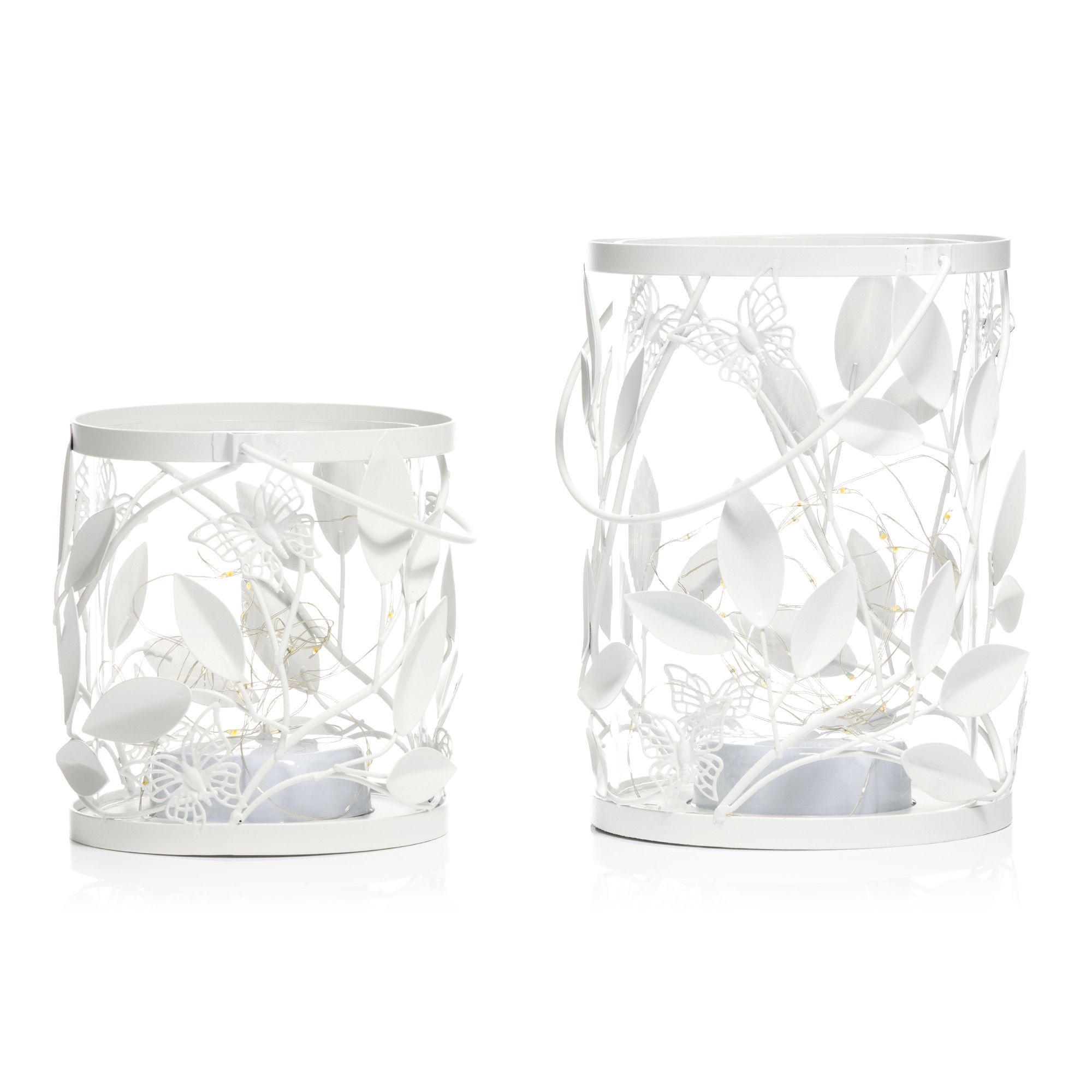 LUMIDA Casa 2 LED-Laternen Blätter-Design mit Glas-Zylinder Timer, Höhe 14 & 21cm