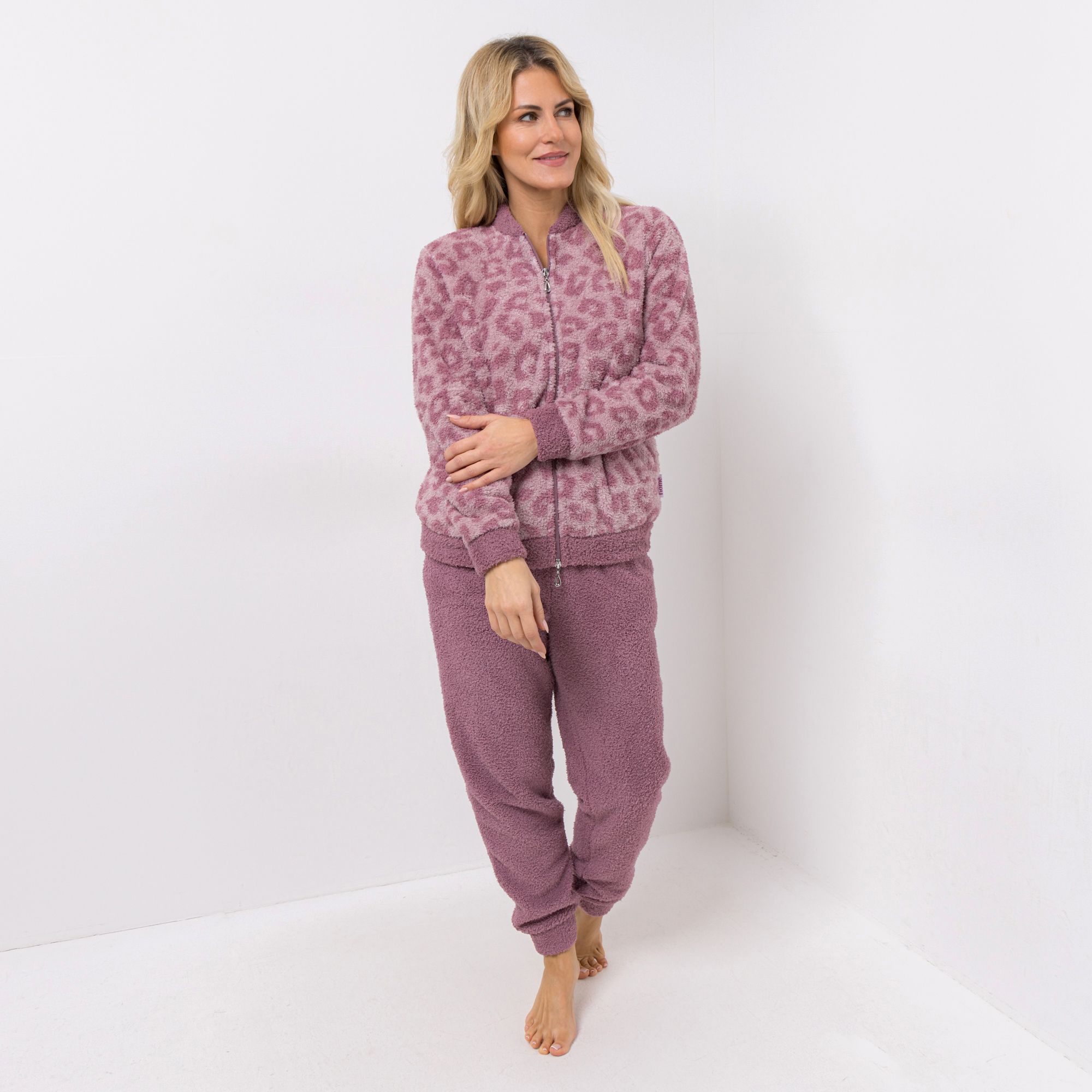 COZEE HOME Damen-Hausanzug Leo-Muster MF Fluffy Bouclé Collegekragen