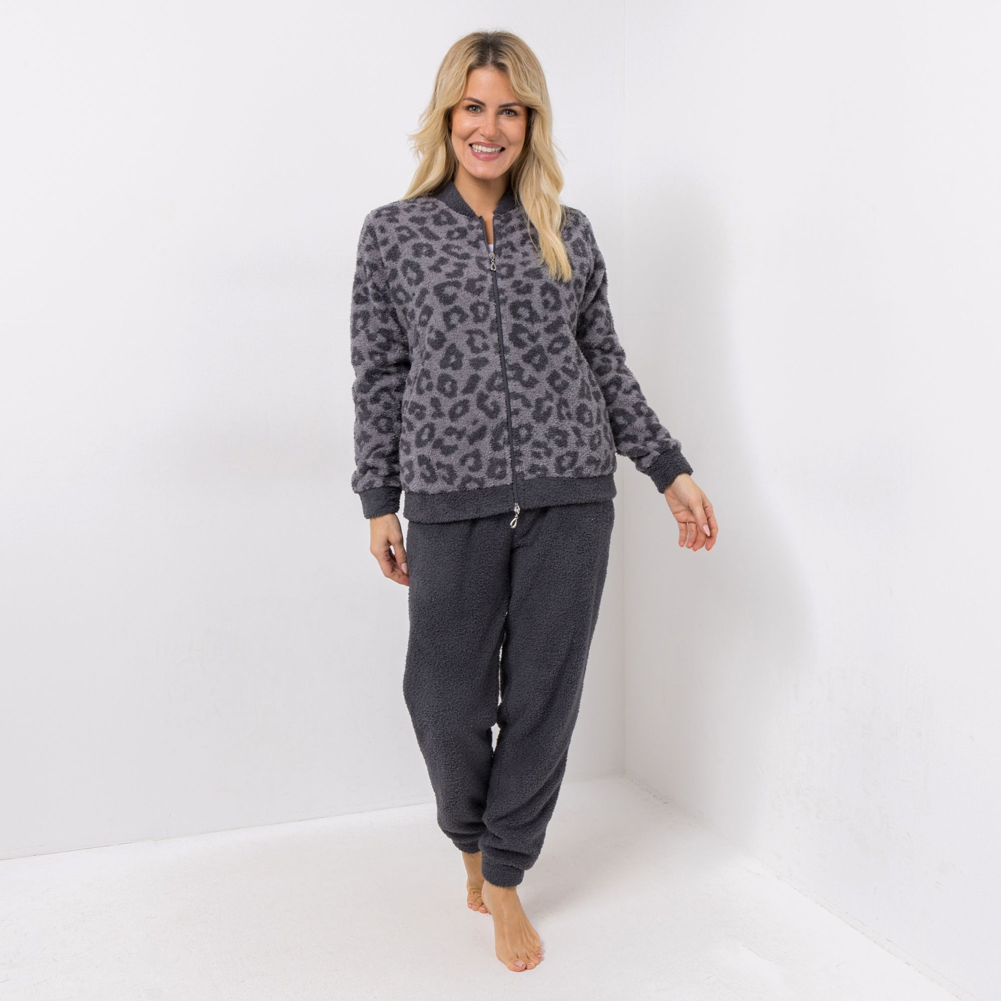 COZEE HOME Damen-Hausanzug Leo-Muster MF Fluffy Bouclé Collegekragen