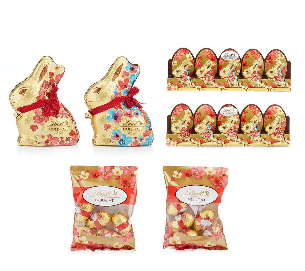 LINDT Goldhasen-Set Blumenmotiv 3 Sorten Inhalt 680g - QVC.de