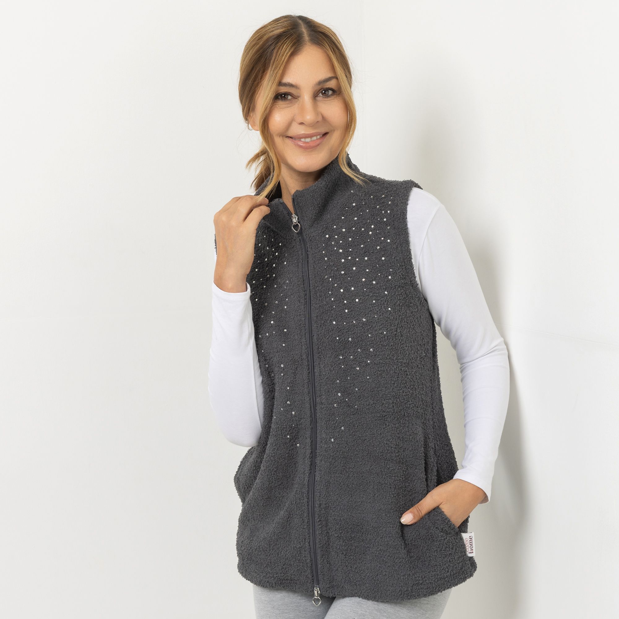 COZEE HOME Homewear Damen-Weste Strasssteine MF Fluffy Bouclé Stehkragen
