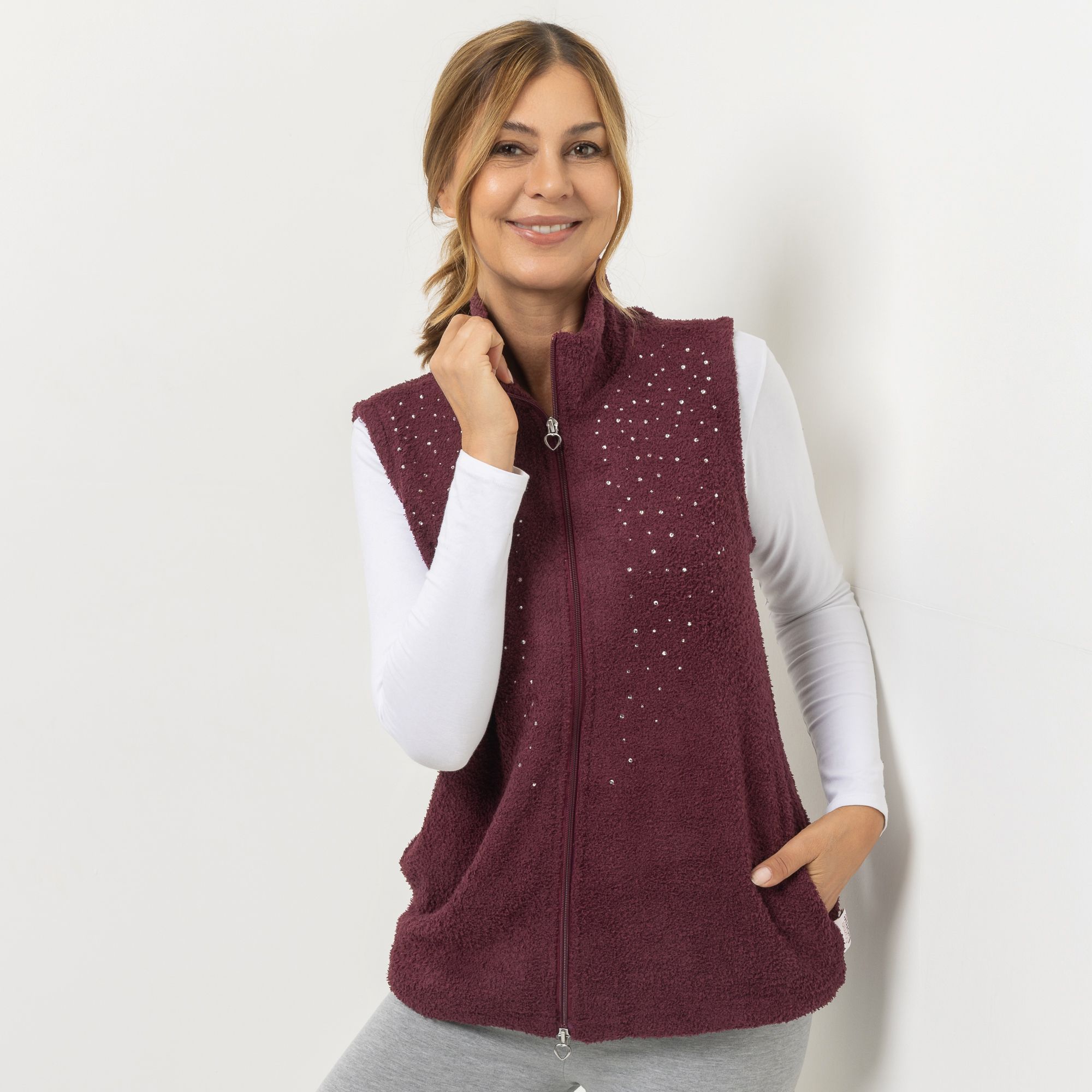 COZEE HOME Homewear Damen-Weste Strasssteine MF Fluffy Bouclé Stehkragen