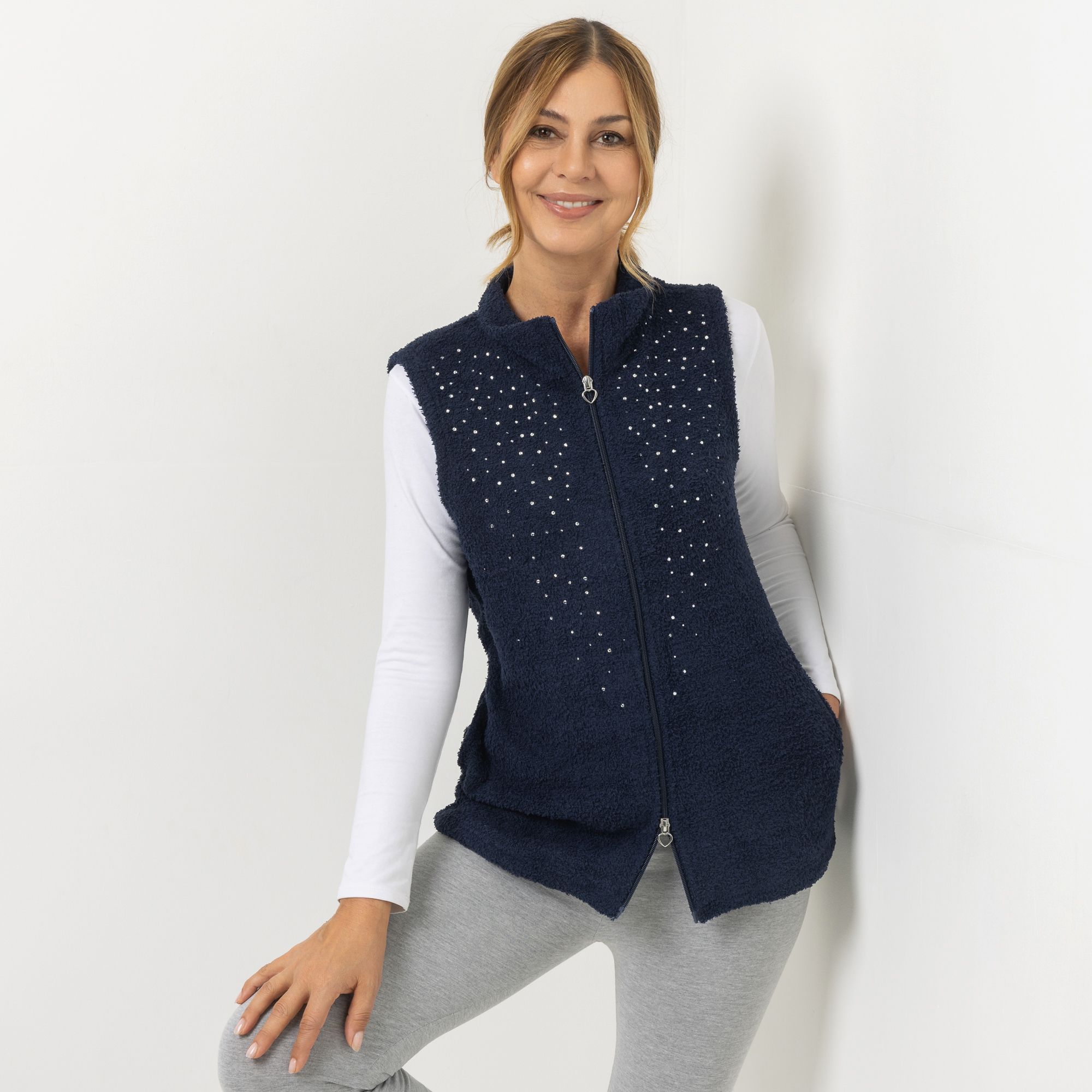 COZEE HOME Homewear Damen-Weste Strasssteine MF Fluffy Bouclé Stehkragen