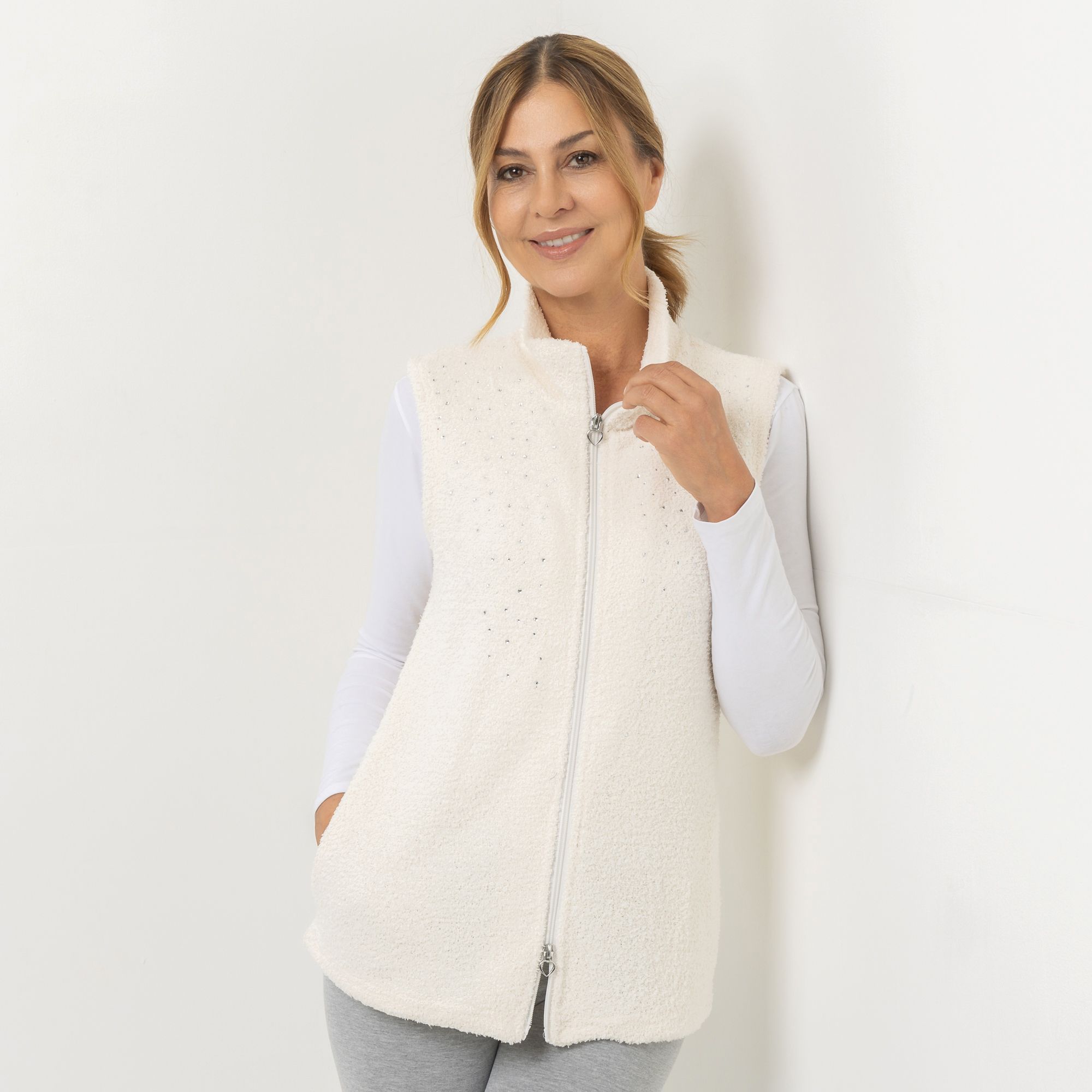 COZEE HOME Homewear Damen-Weste Strasssteine MF Fluffy Bouclé Stehkragen