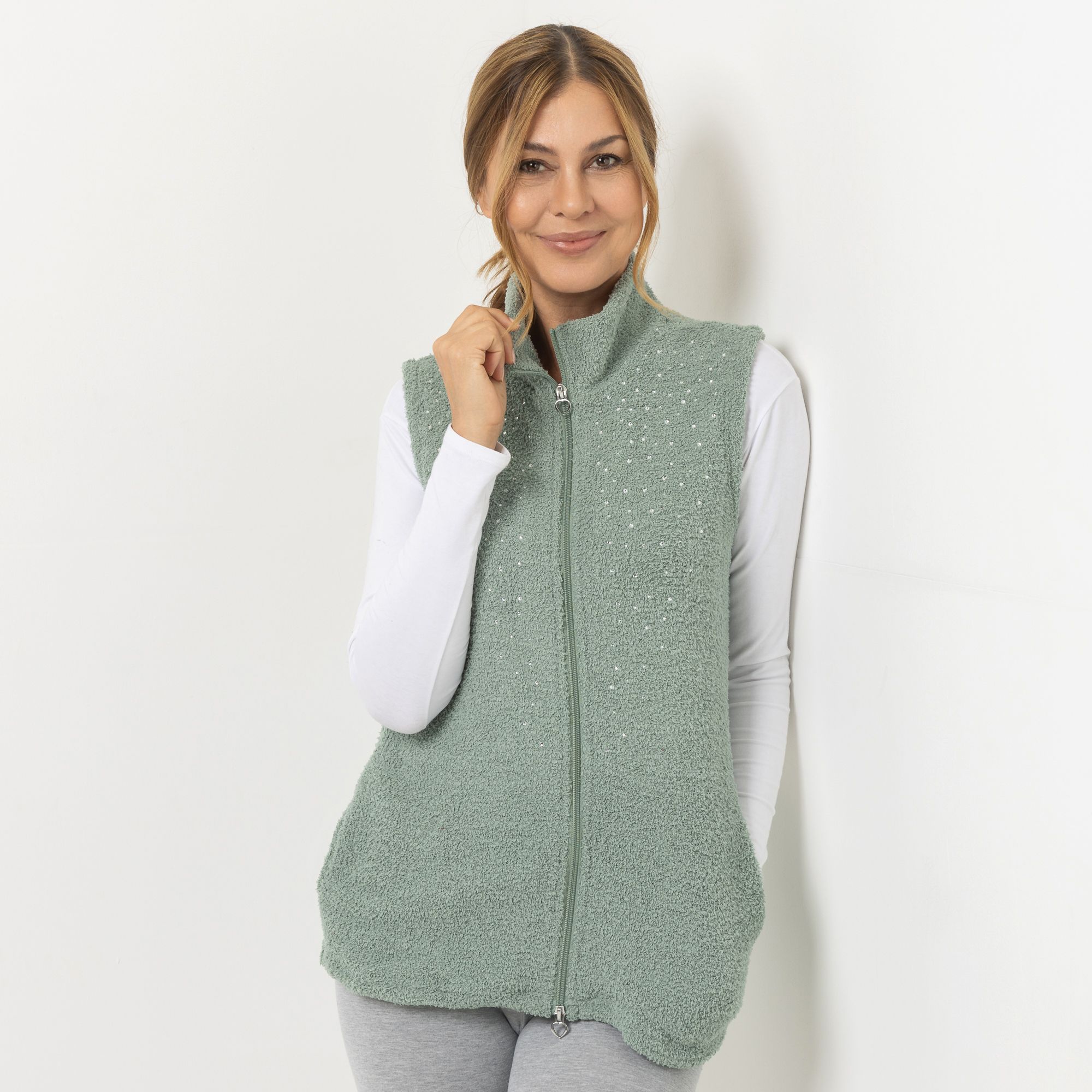 COZEE HOME Homewear Damen-Weste Strasssteine MF Fluffy Bouclé Stehkragen