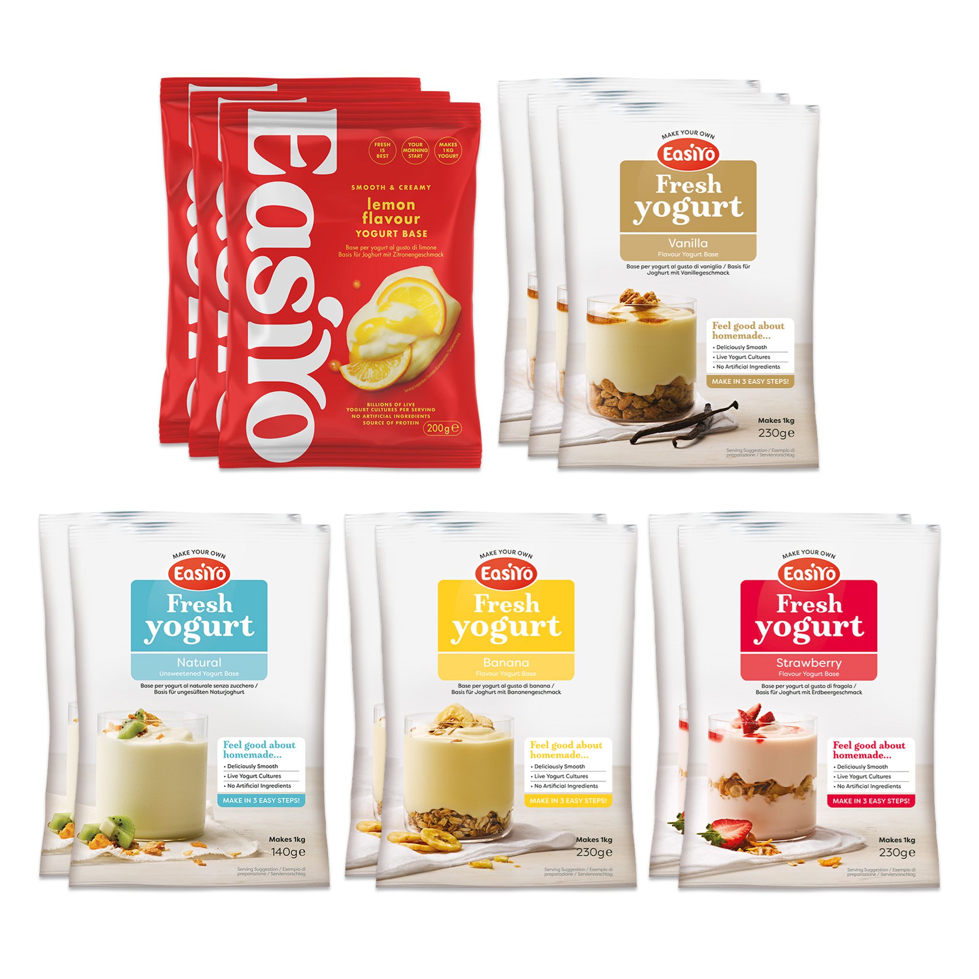  EASIYO Joghurtpulver 12 Beutel für 12kg frischen Joghurt 5 versch. Sorten