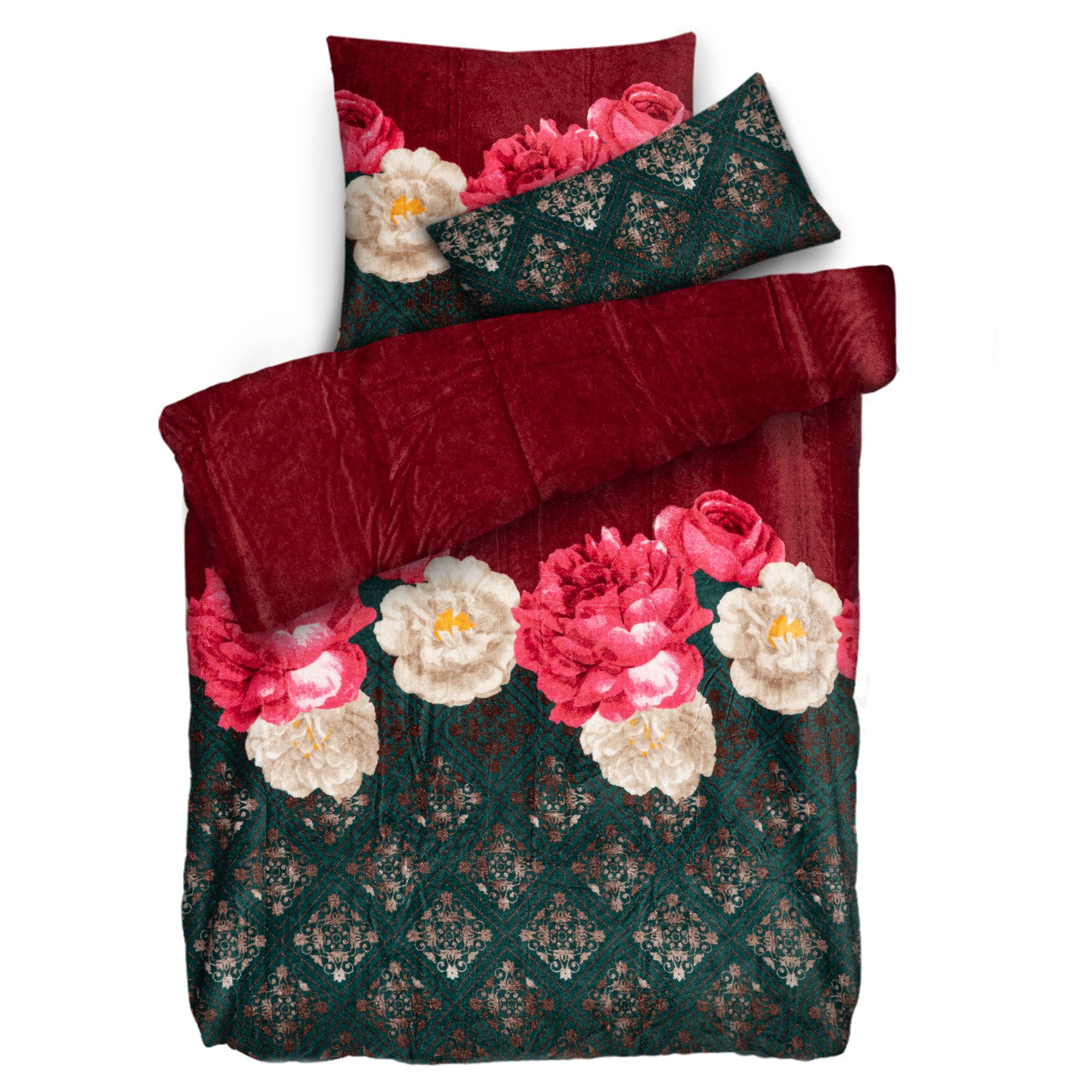 BADIZIO Classic Wendebettwäsche Ornamente & Rosen Mikrofaser Plüsch Einzelbett, 3tlg.