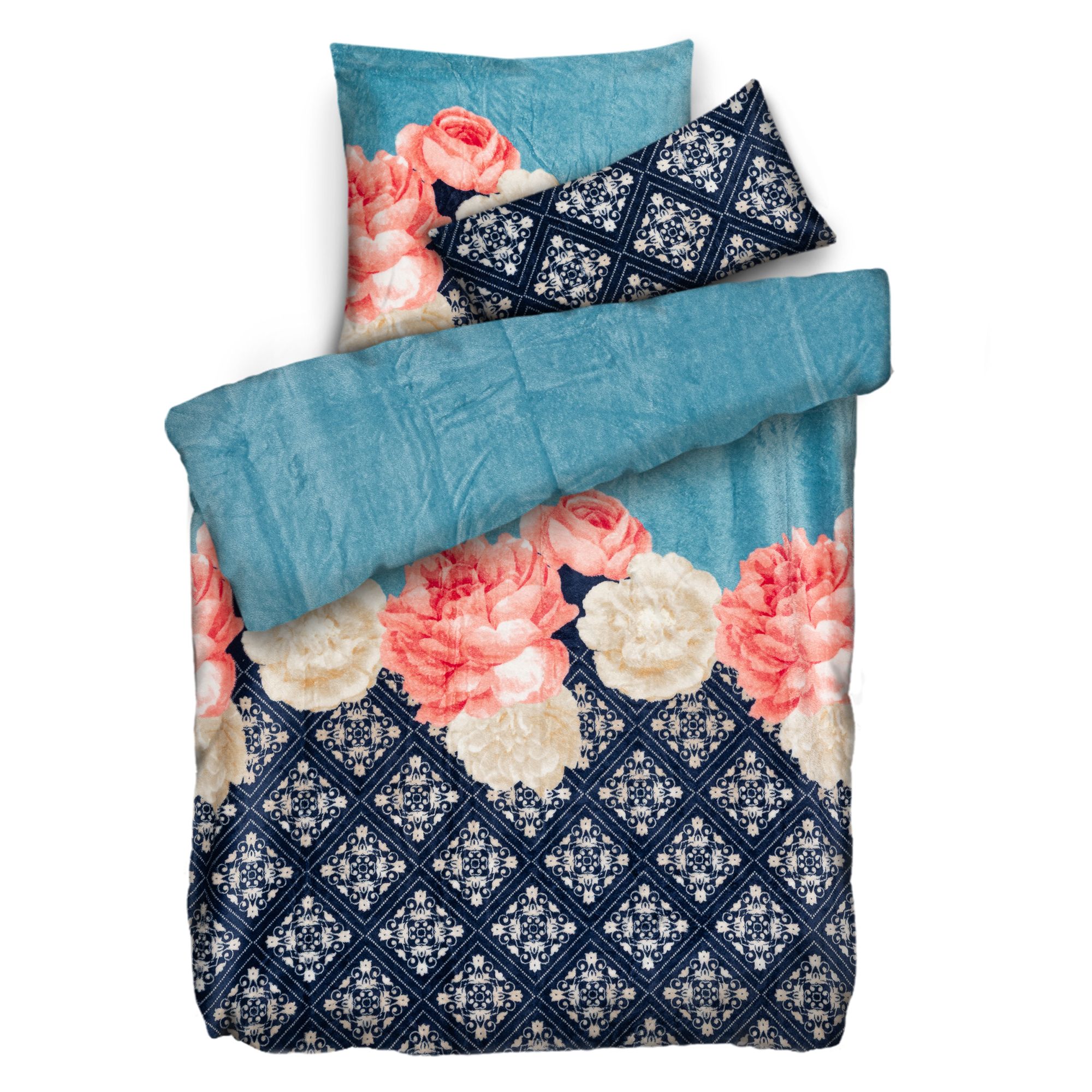 BADIZIO Classic Wendebettwäsche Ornamente & Rosen Mikrofaser Plüsch Einzelbett, 3tlg.