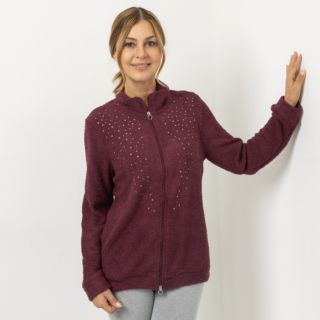 COZEE HOME Homewear Damen-Jacke uni mit Strasssteinen MF Fluffy Bouclé Stehkragen