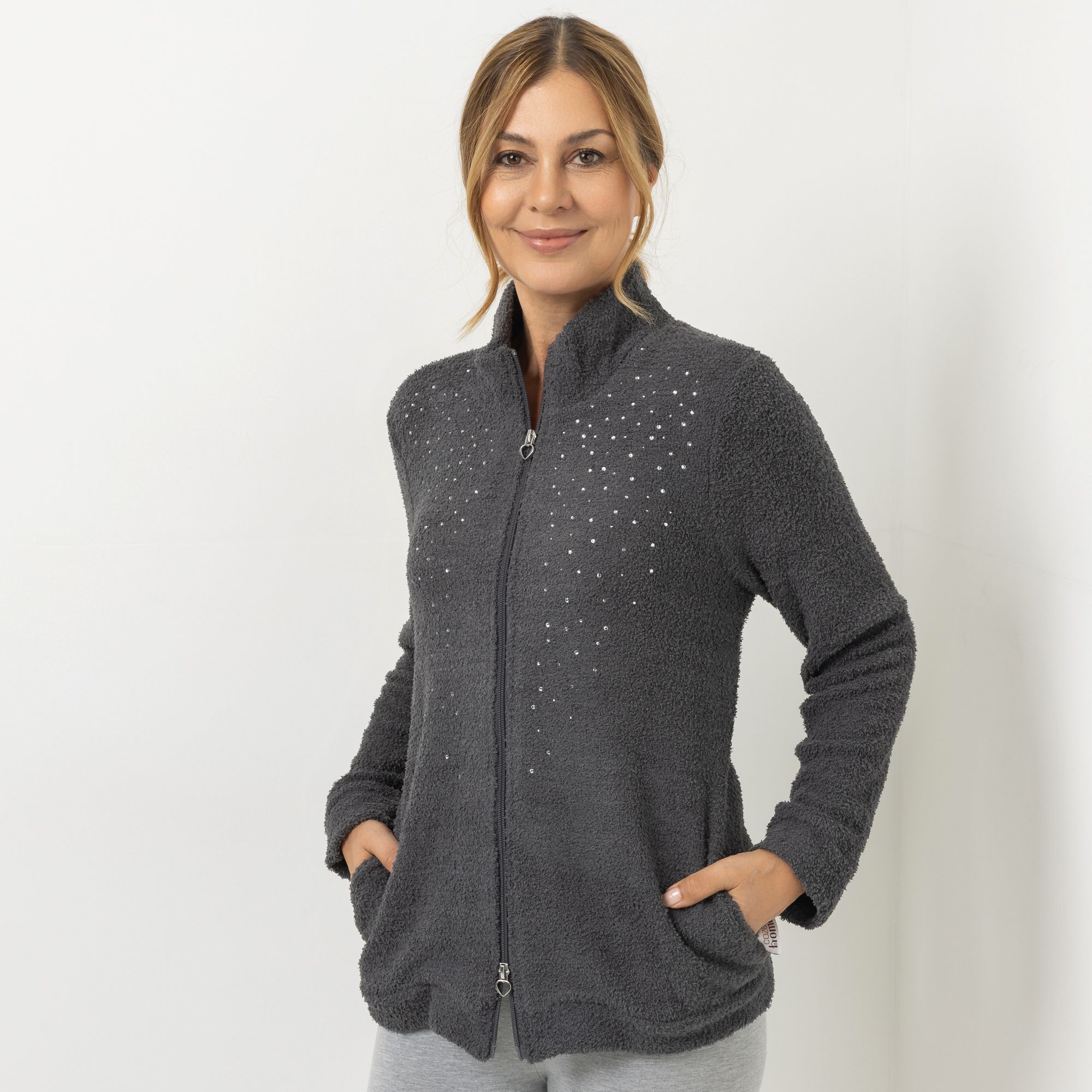 COZEE HOME Homewear Damen-Jacke uni mit Strasssteinen MF Fluffy Bouclé Stehkragen