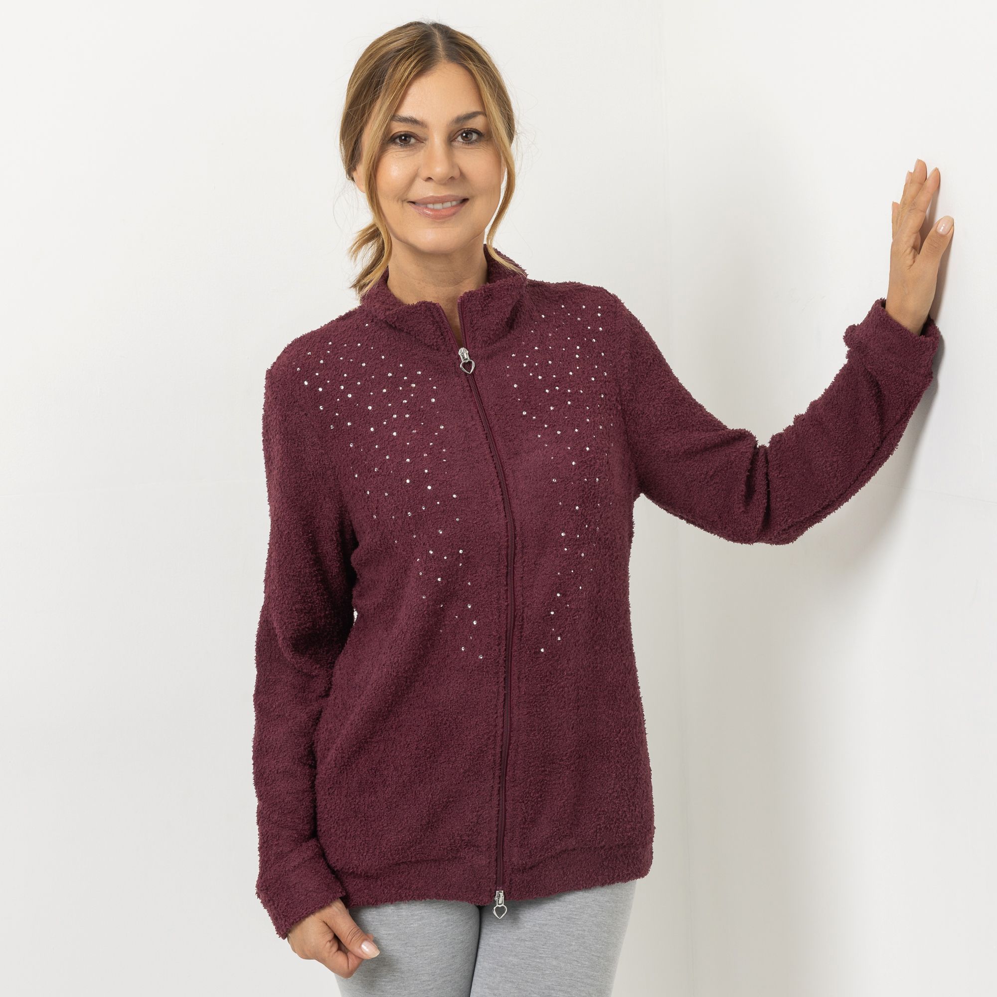 COZEE HOME Homewear Damen-Jacke uni mit Strasssteinen MF Fluffy Bouclé Stehkragen