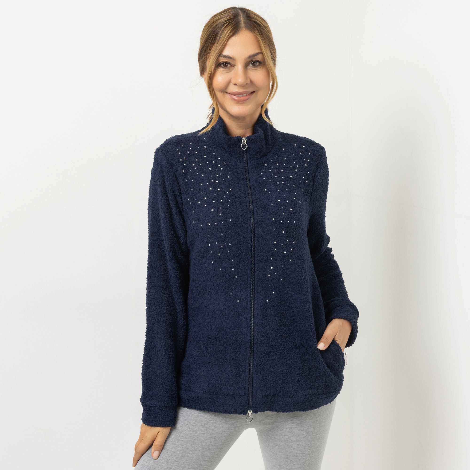COZEE HOME Homewear Damen-Jacke uni mit Strasssteinen MF Fluffy Bouclé Stehkragen