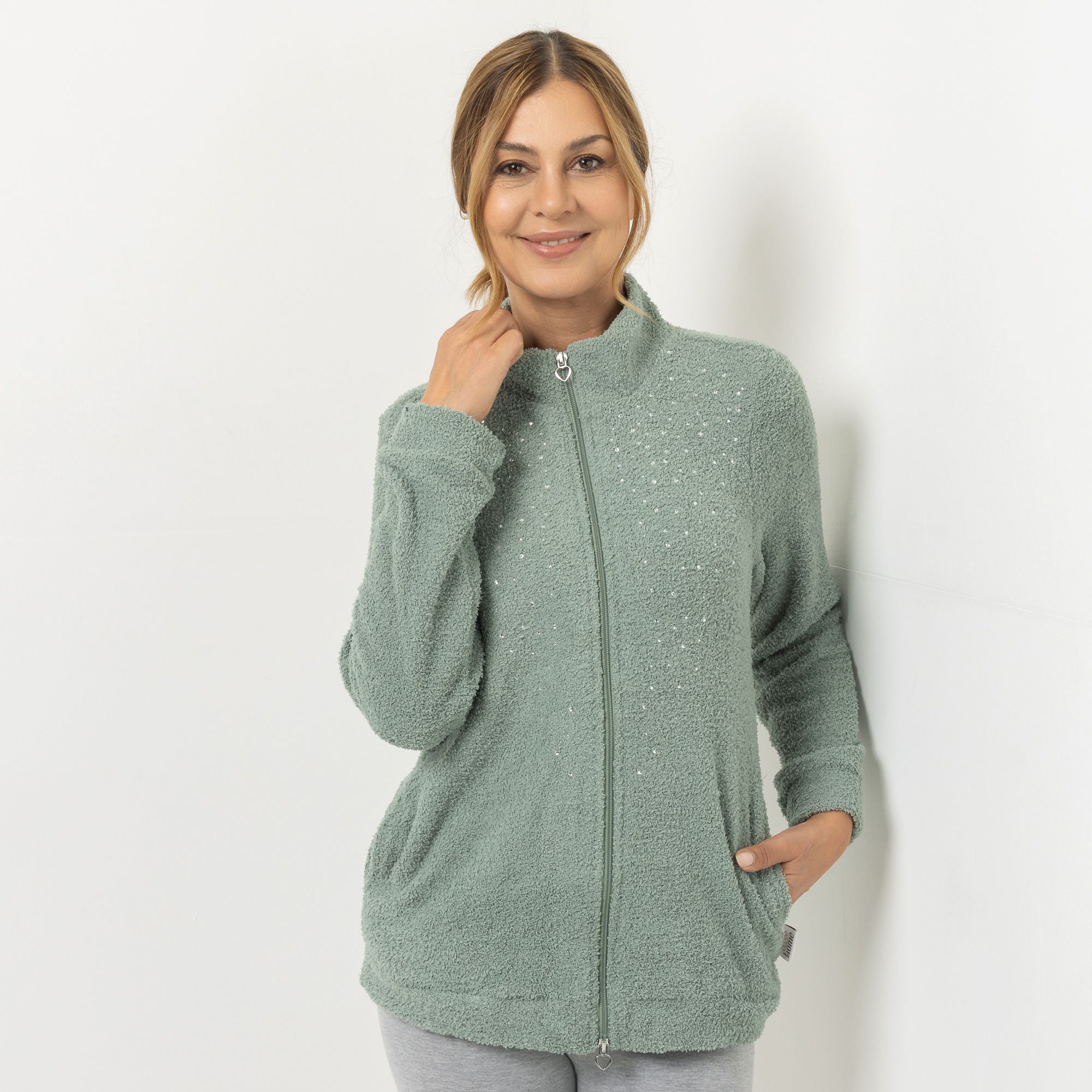 COZEE HOME Homewear Damen-Jacke uni mit Strasssteinen MF Fluffy Bouclé Stehkragen